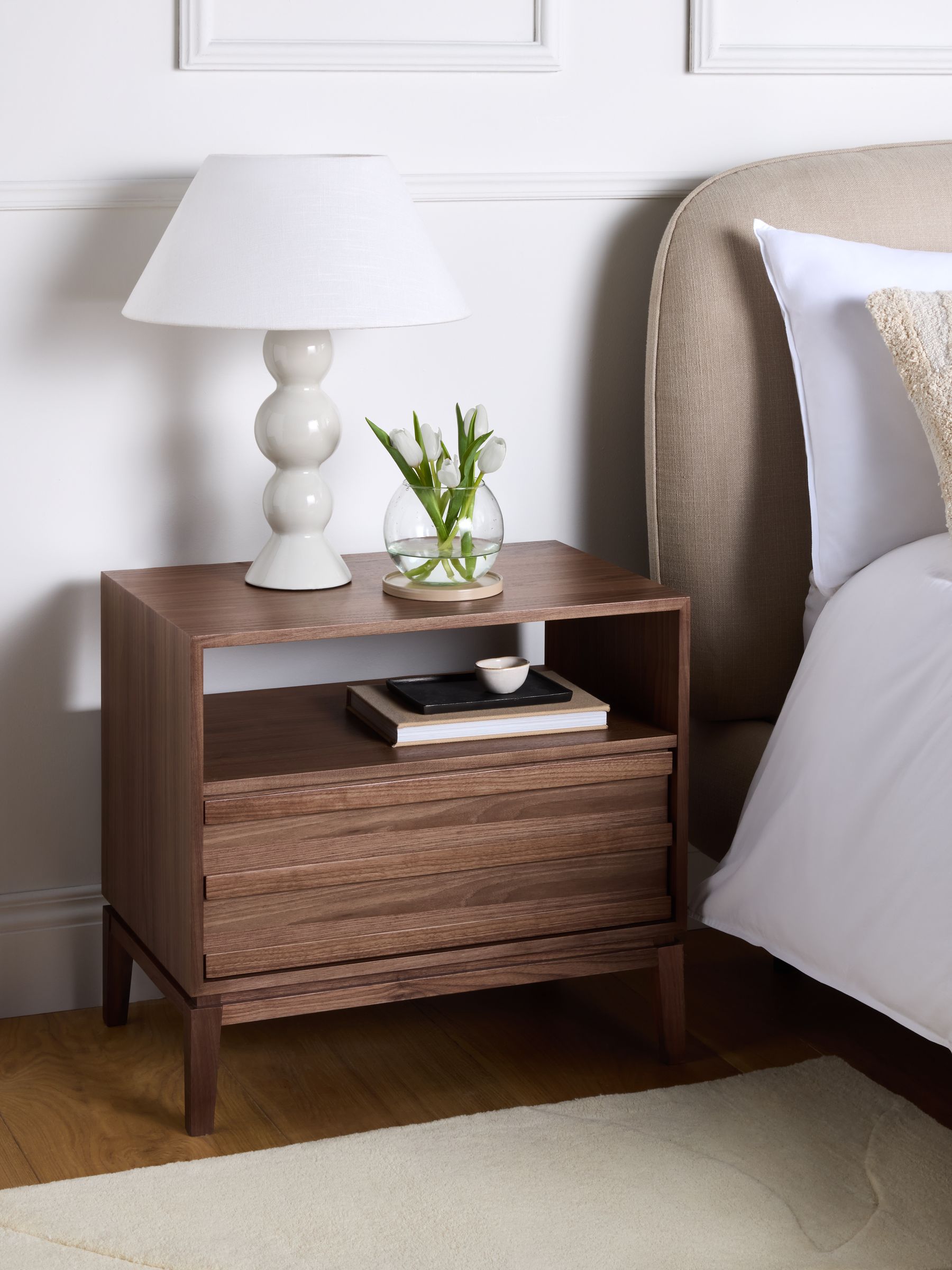 Jasper Conran London Walnut 1 Drawer Belgrave 1 Drawer Wide Bedside Table - Image 1 of 9