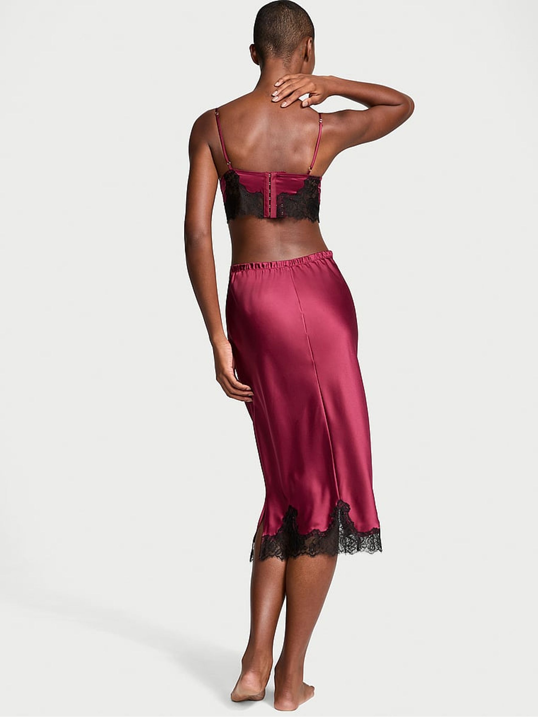 Campari Red Satin Lace Trim Bralette and Skirt Set - Image 2 of 4