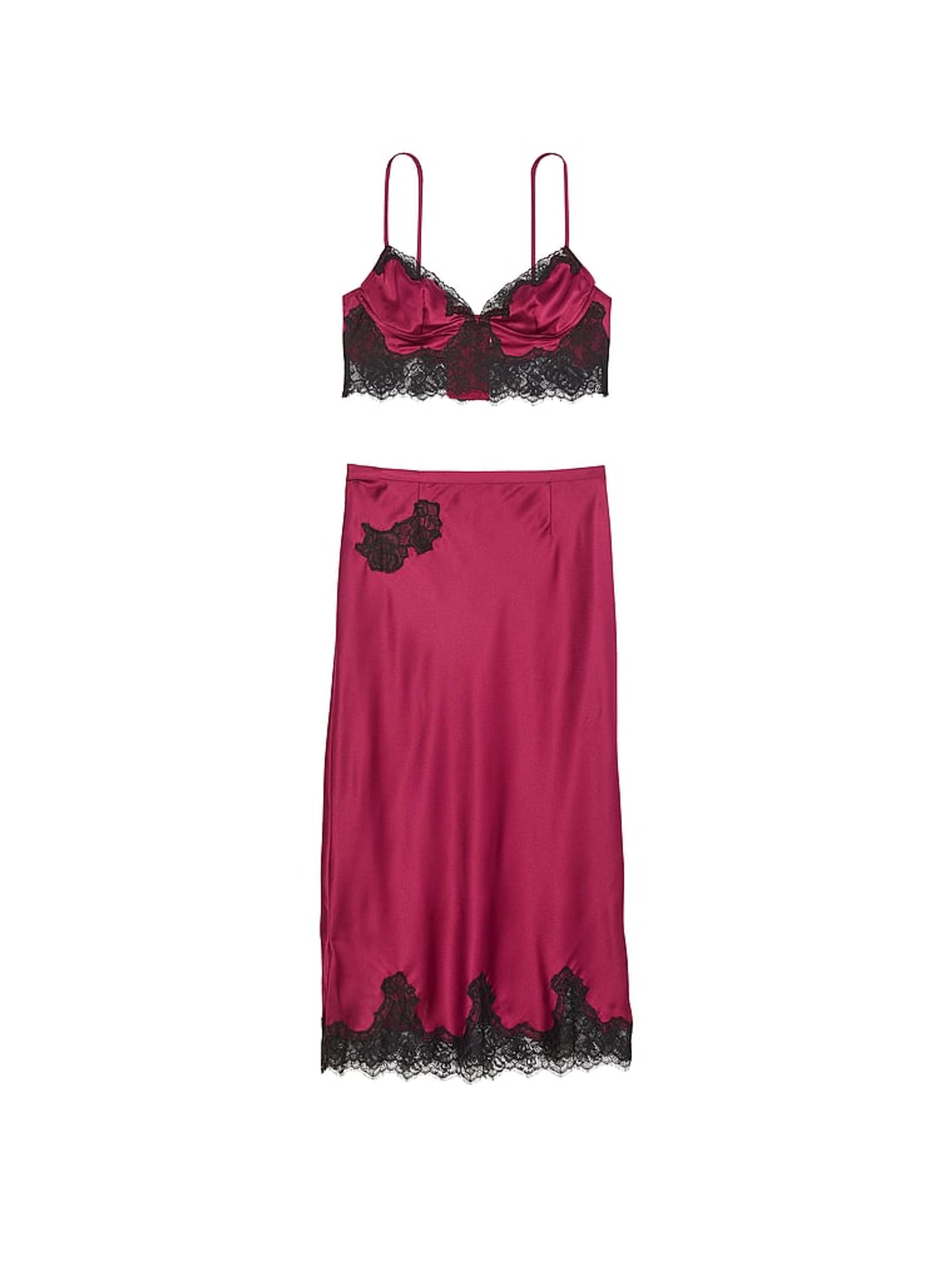 Campari Red Satin Lace Trim Bralette and Skirt Set - Image 3 of 4