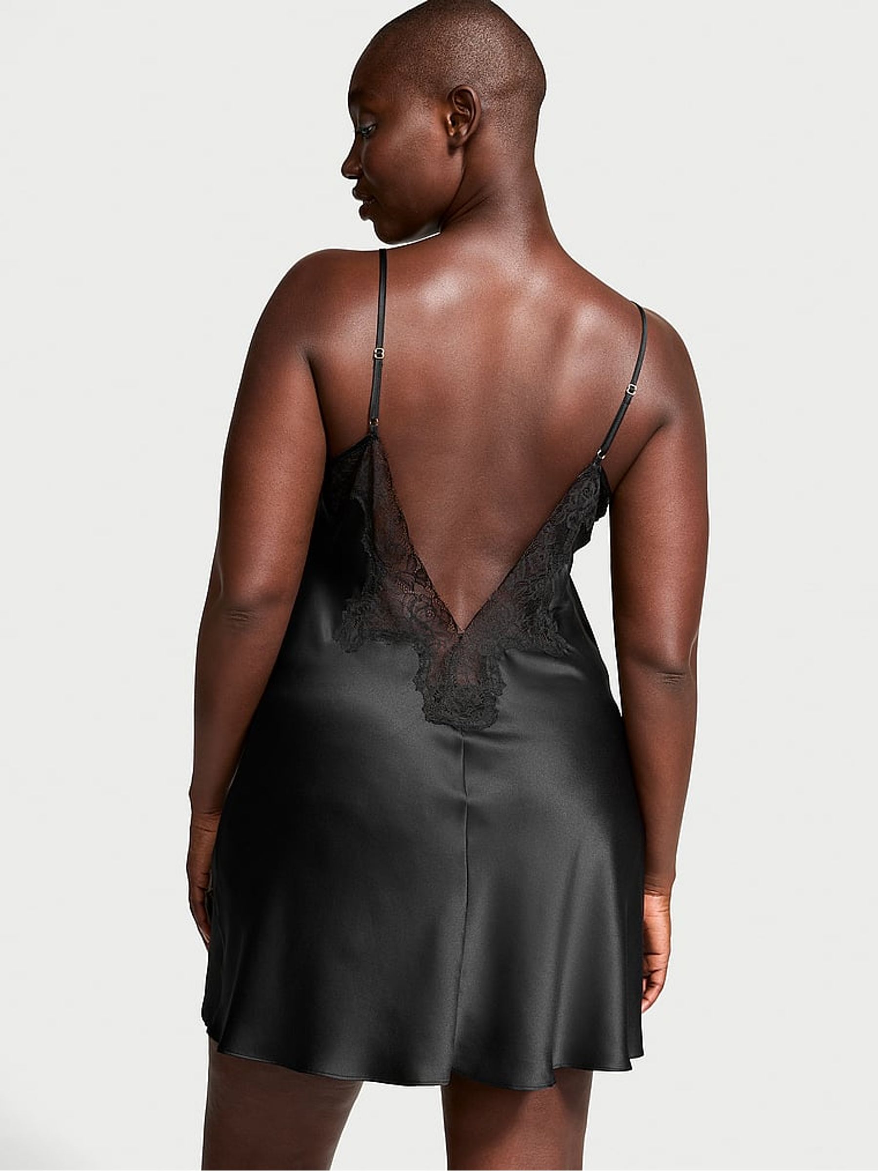 Black Satin Lace Trim Slip Dress - Image 2 of 3