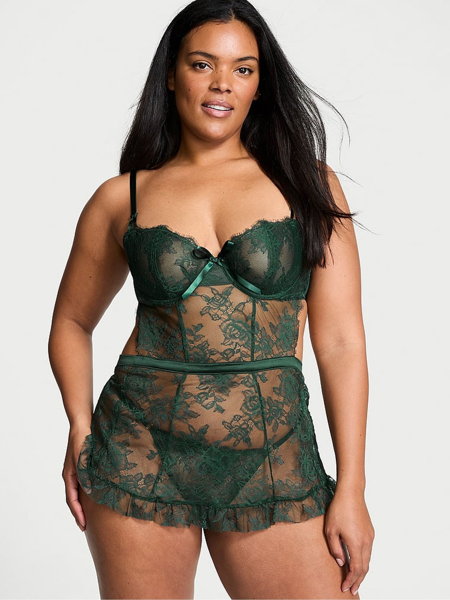 Botanical Green Lace Unlined Balcony Babydoll Set - Image 1 of 3
