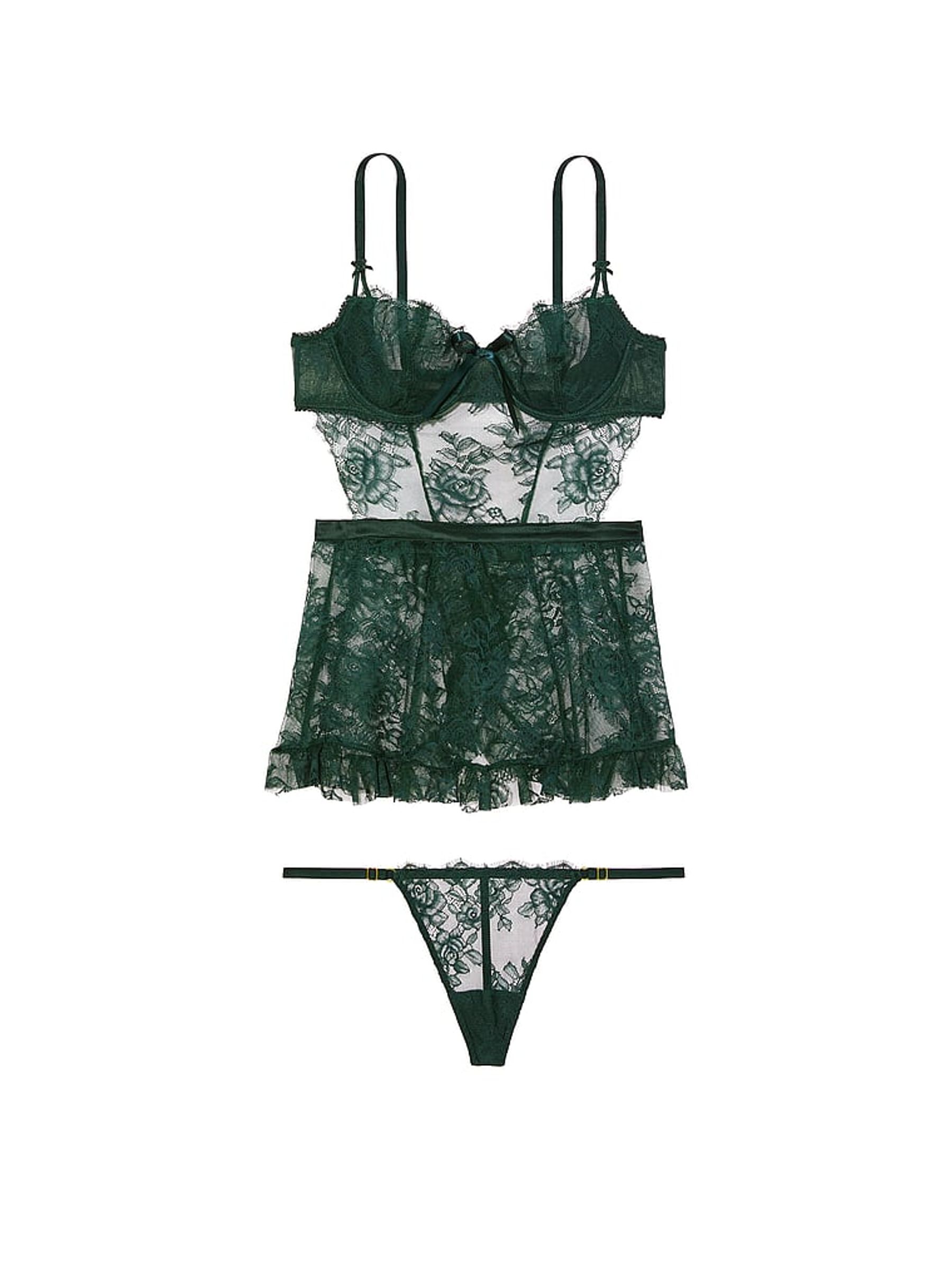 Botanical Green Lace Unlined Balcony Babydoll Set - Image 3 of 3