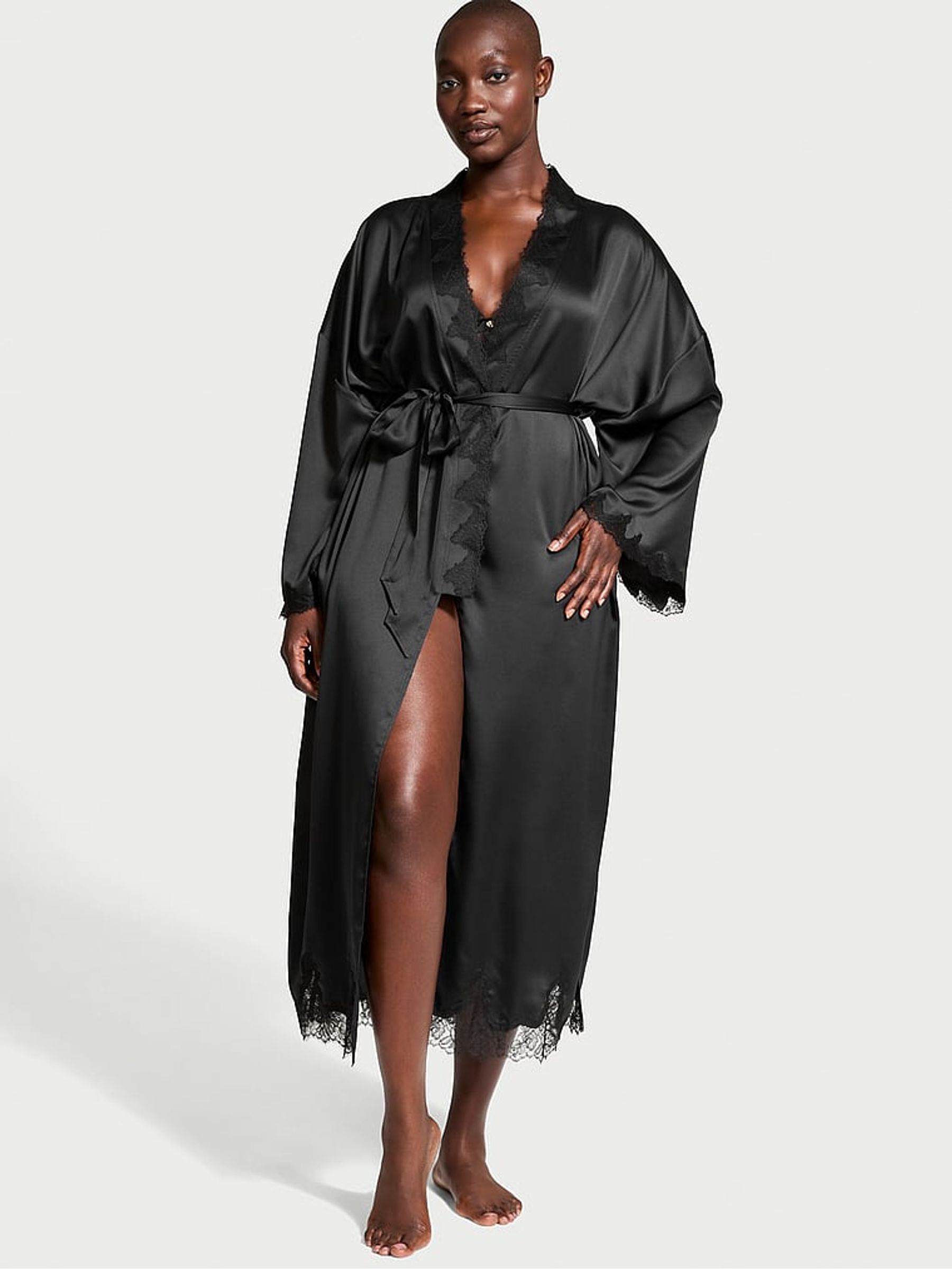 Black Satin Lace Trim Open Back Robe Victoria's Secret UK