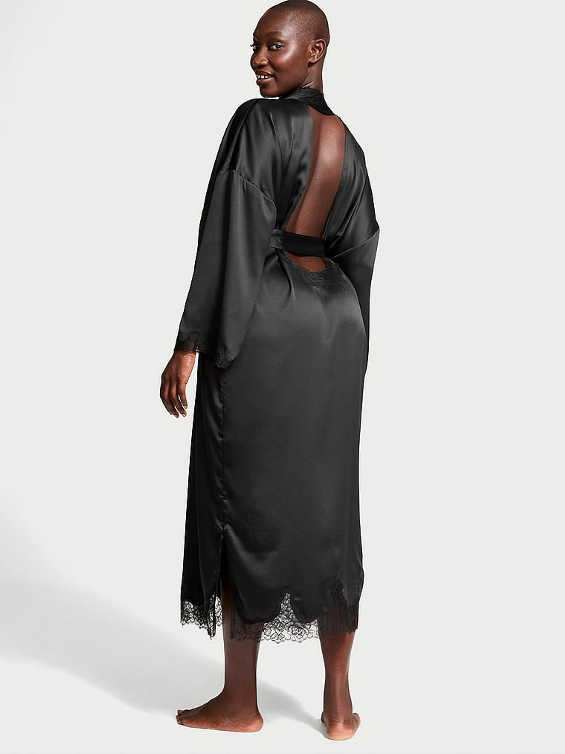 Black Satin Lace Trim Open Back Robe - Image 2 of 3
