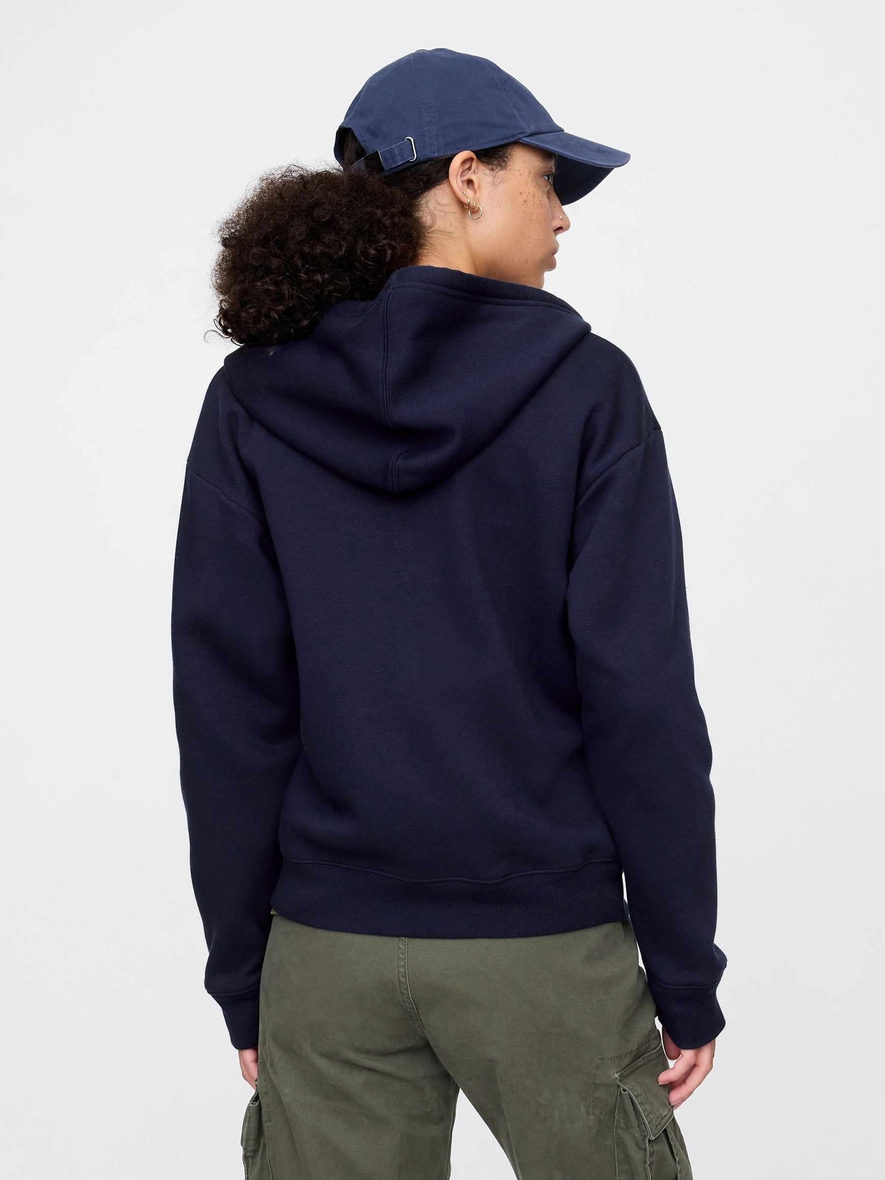 Navy Blue Zip Up Logo Vintage Fleece-Lined Hoodie - Image 2 of 5