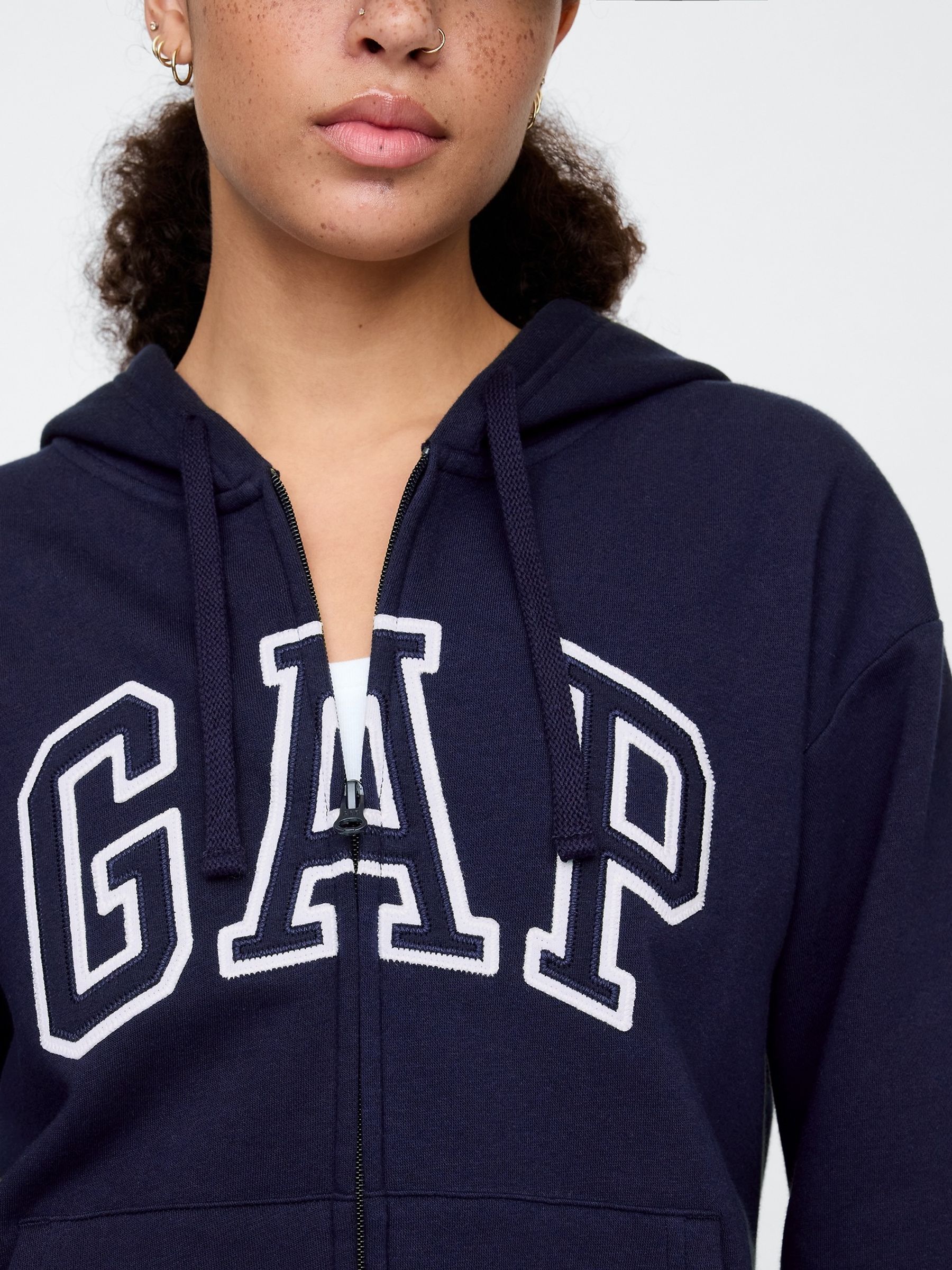 Navy Blue Zip Up Logo Vintage Fleece-Lined Hoodie - Image 4 of 5