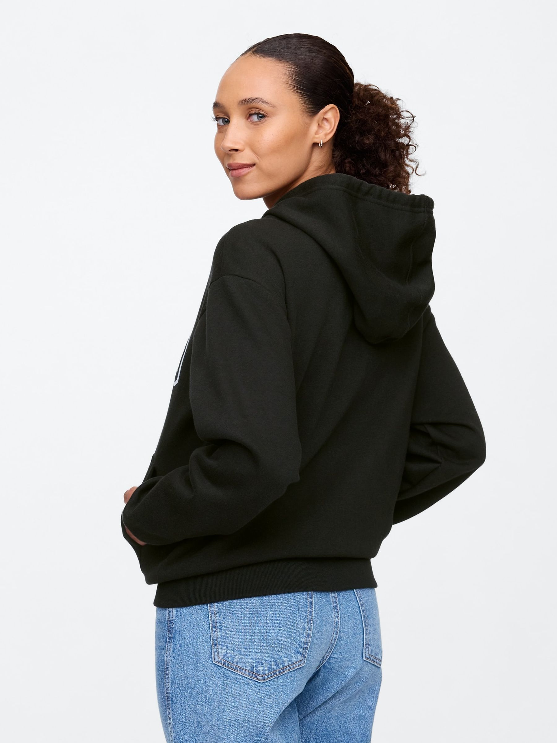 Black Zip Up Logo Vintage Fleece-Lined Hoodie - Image 2 of 5
