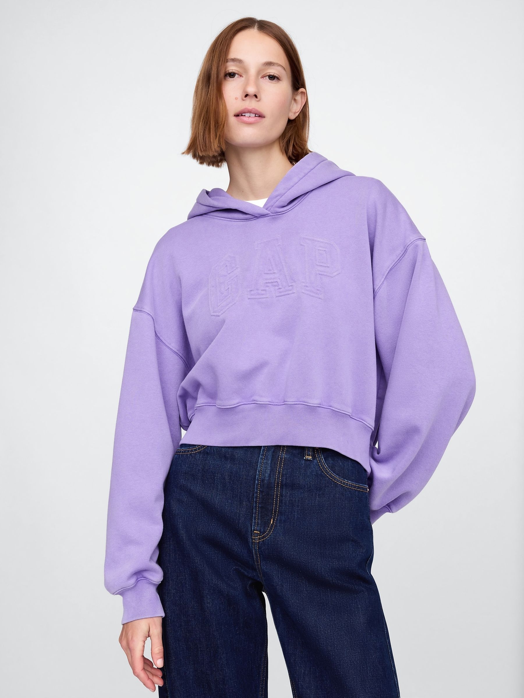 Purple Vintage Soft Fleece-Lined Cropped Logo Hoodie - Image 1 of 3