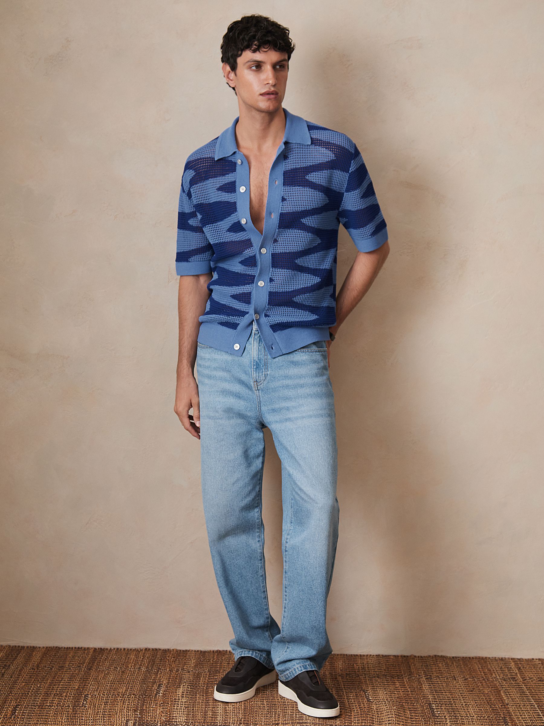 Reiss | Ché Wave Crochet Shirt in Blue - Image 3 of 8