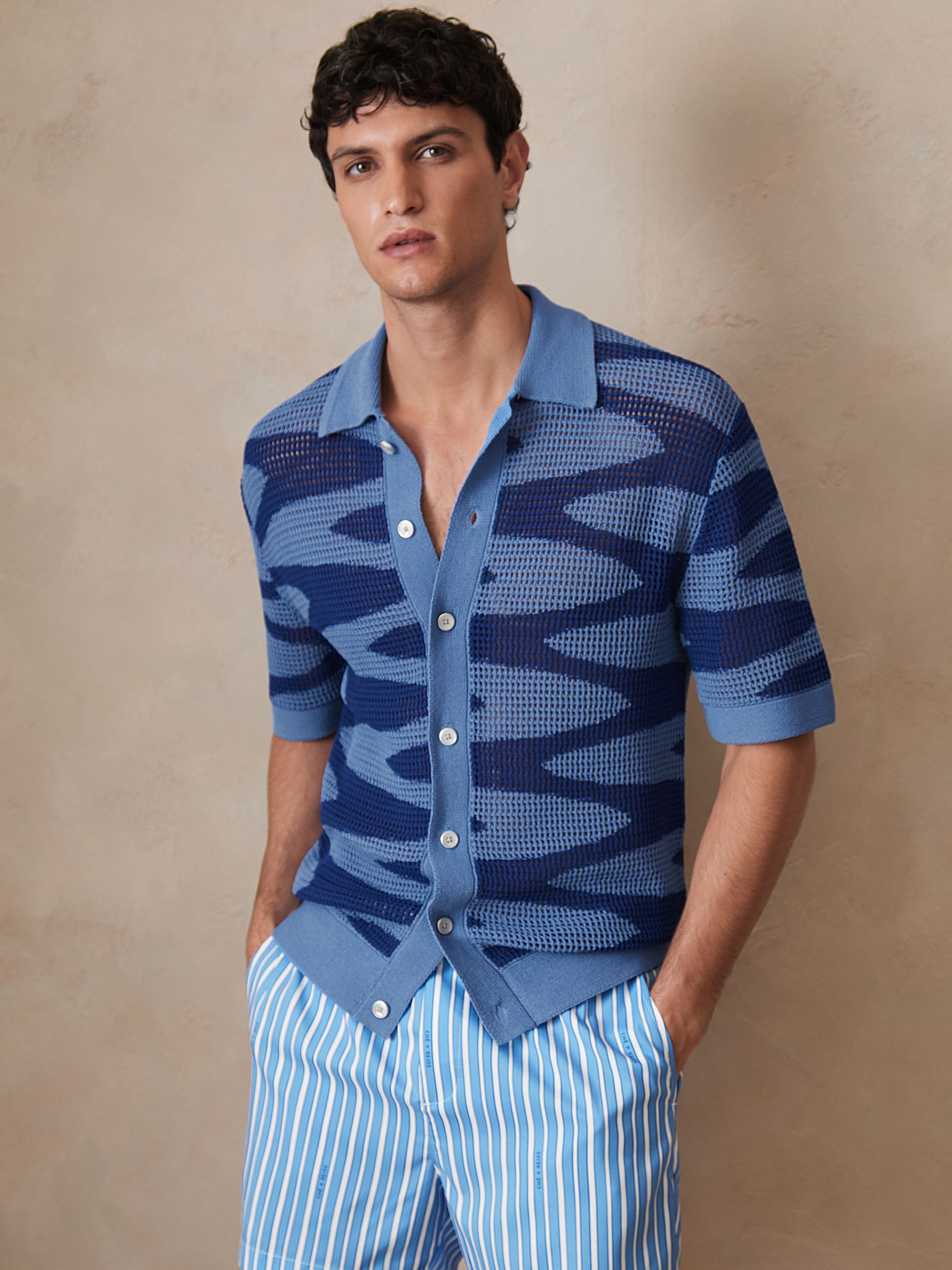 Reiss | Ché Wave Crochet Shirt in Blue - Image 4 of 8