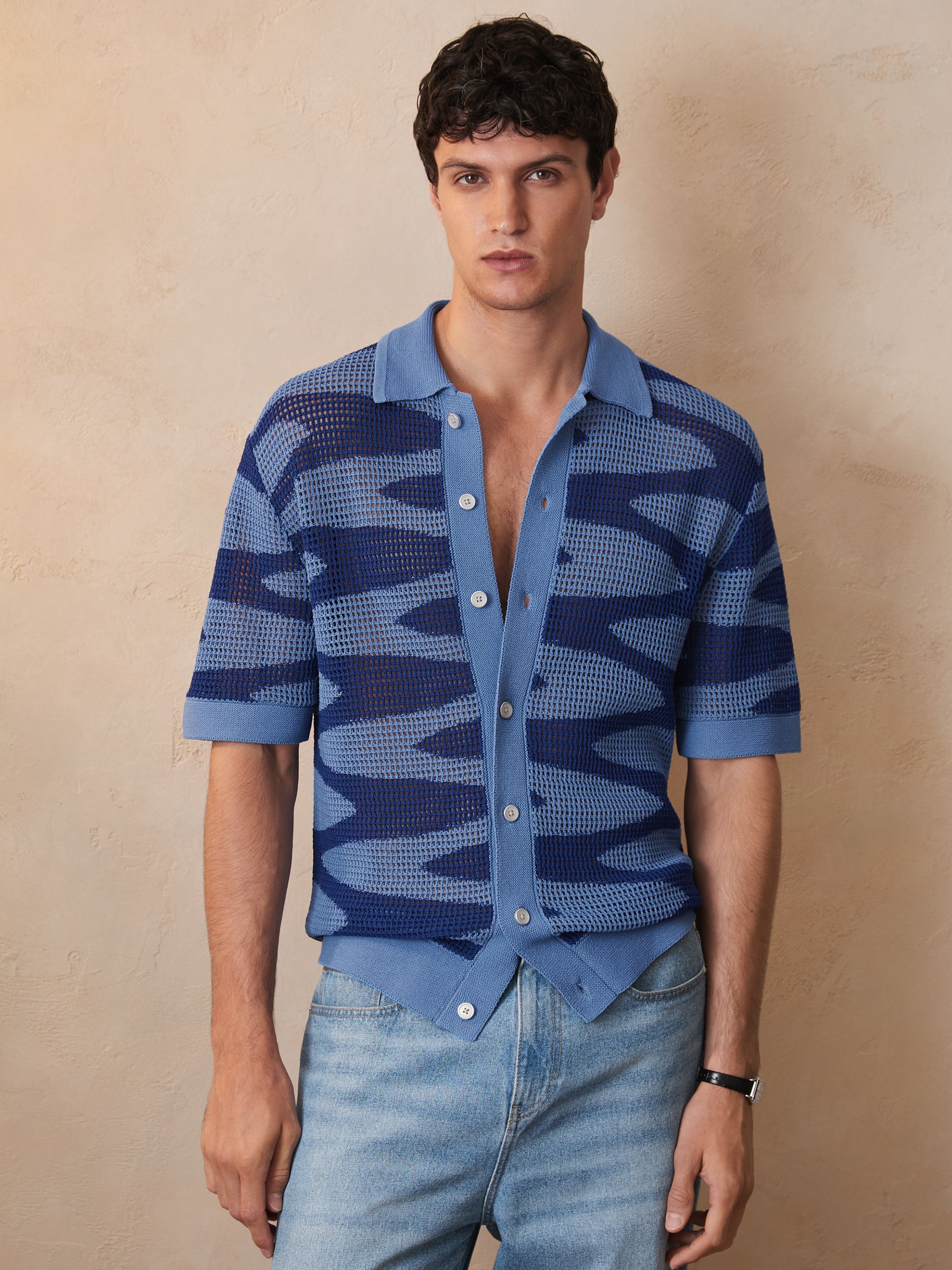 Reiss | Ché Wave Crochet Shirt in Blue - Image 7 of 8