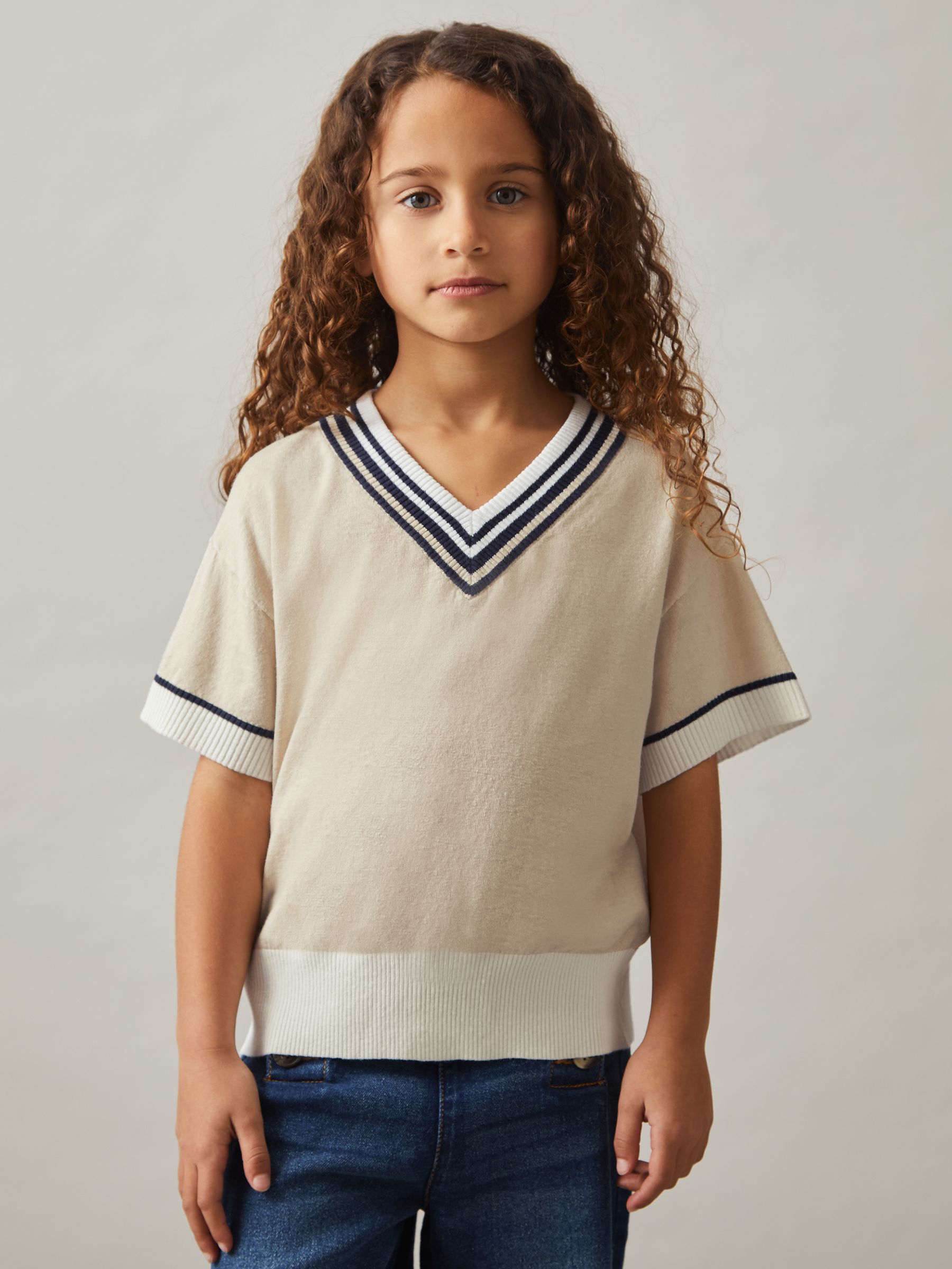 4-9 yrs Cotton-Linen Knit V-Neck Cricket Top in Neutral - Image 1 of 4 4-9 yrs Cotton-Linen Knit V-Neck Cricket Top in Neutral - Image 1 of 4