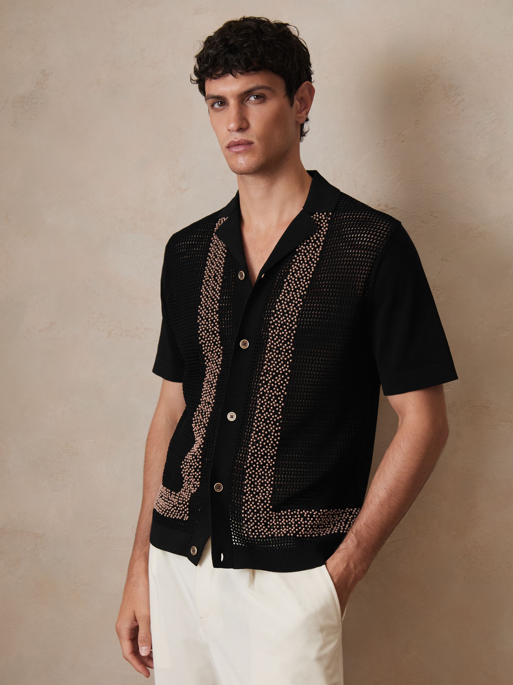Reiss | Ché Beaded Crochet Shirt in Black - Image 7 of 8