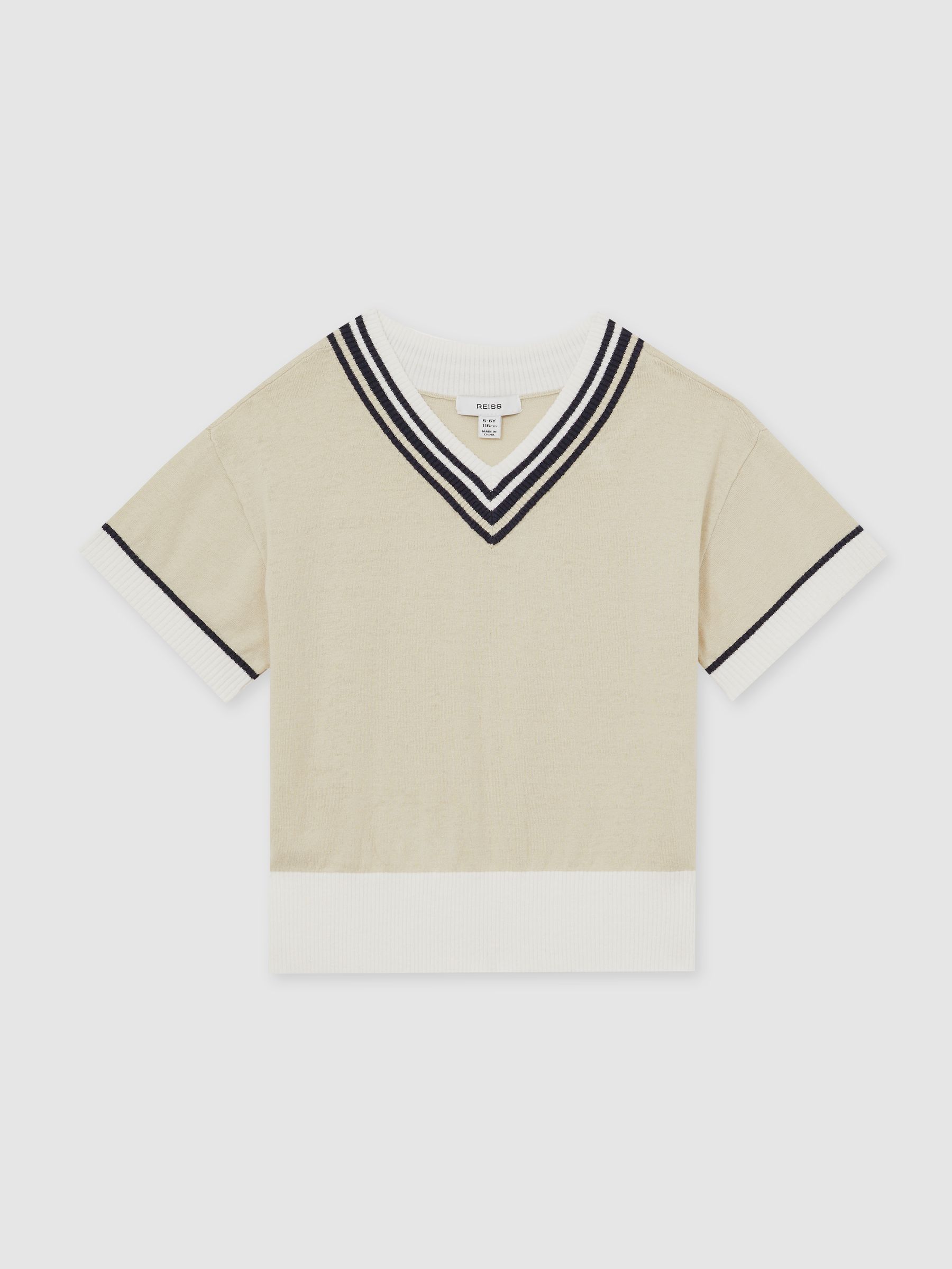 13-14 yrs Cotton-Linen Knit V-Neck Cricket Top in Neutral - Image 1 of 4