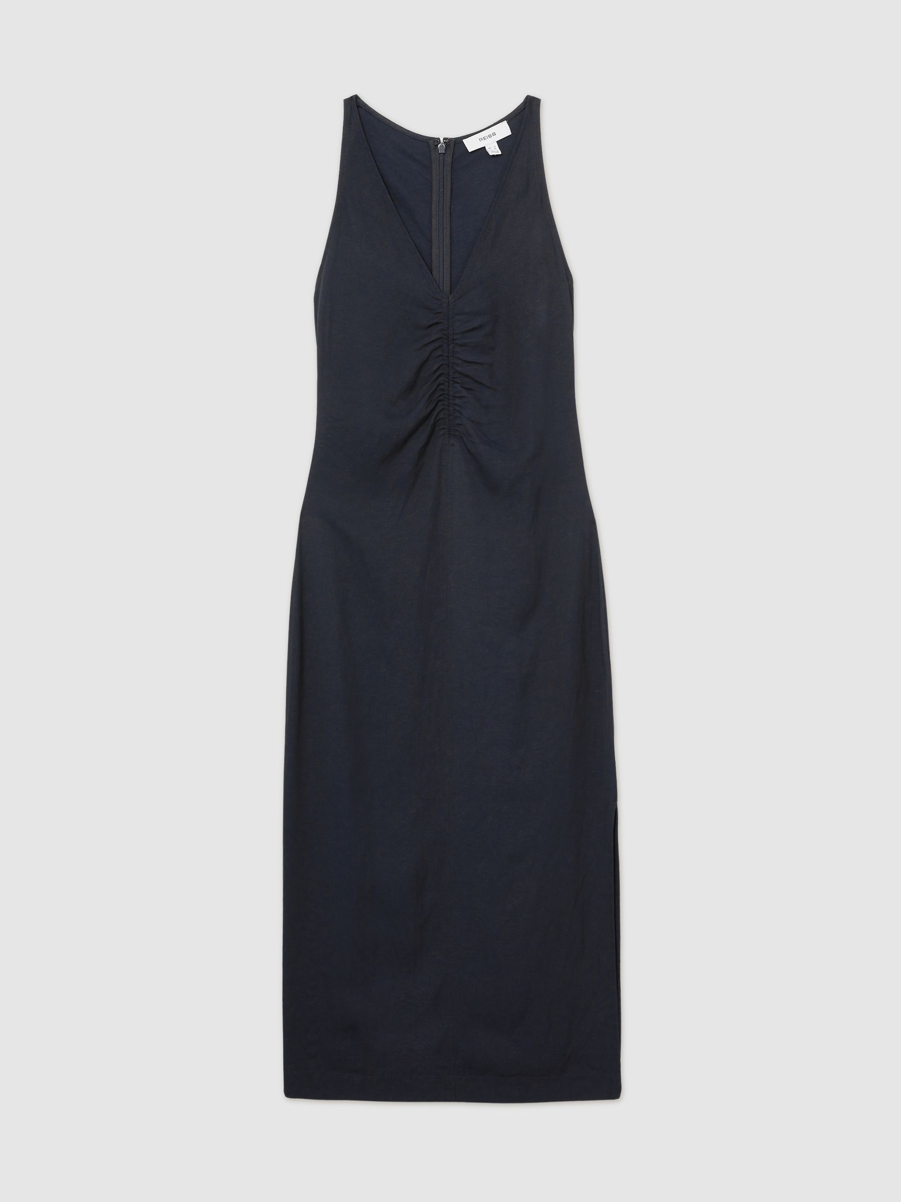 【海外限定】REISSドレス☆Navy Pari Petite Ruched Sleeveless Reiss Petite Ruched Sleeveless Midi Dress With Linen in Navy
