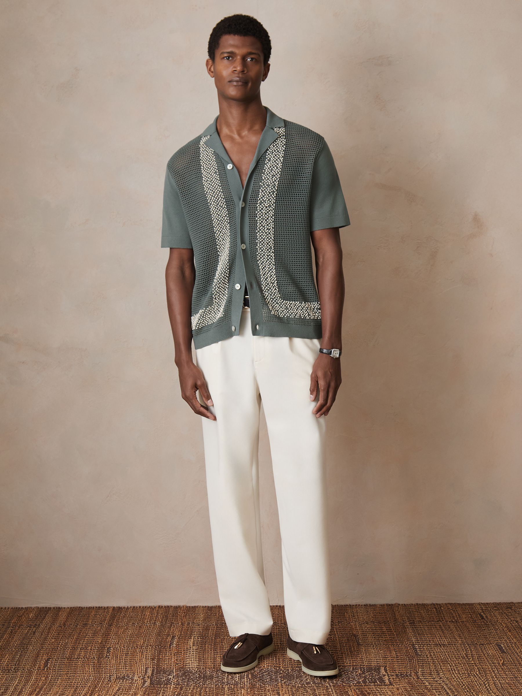 Reiss | Ché Beaded Crochet Shirt in Sage - Image 3 of 7