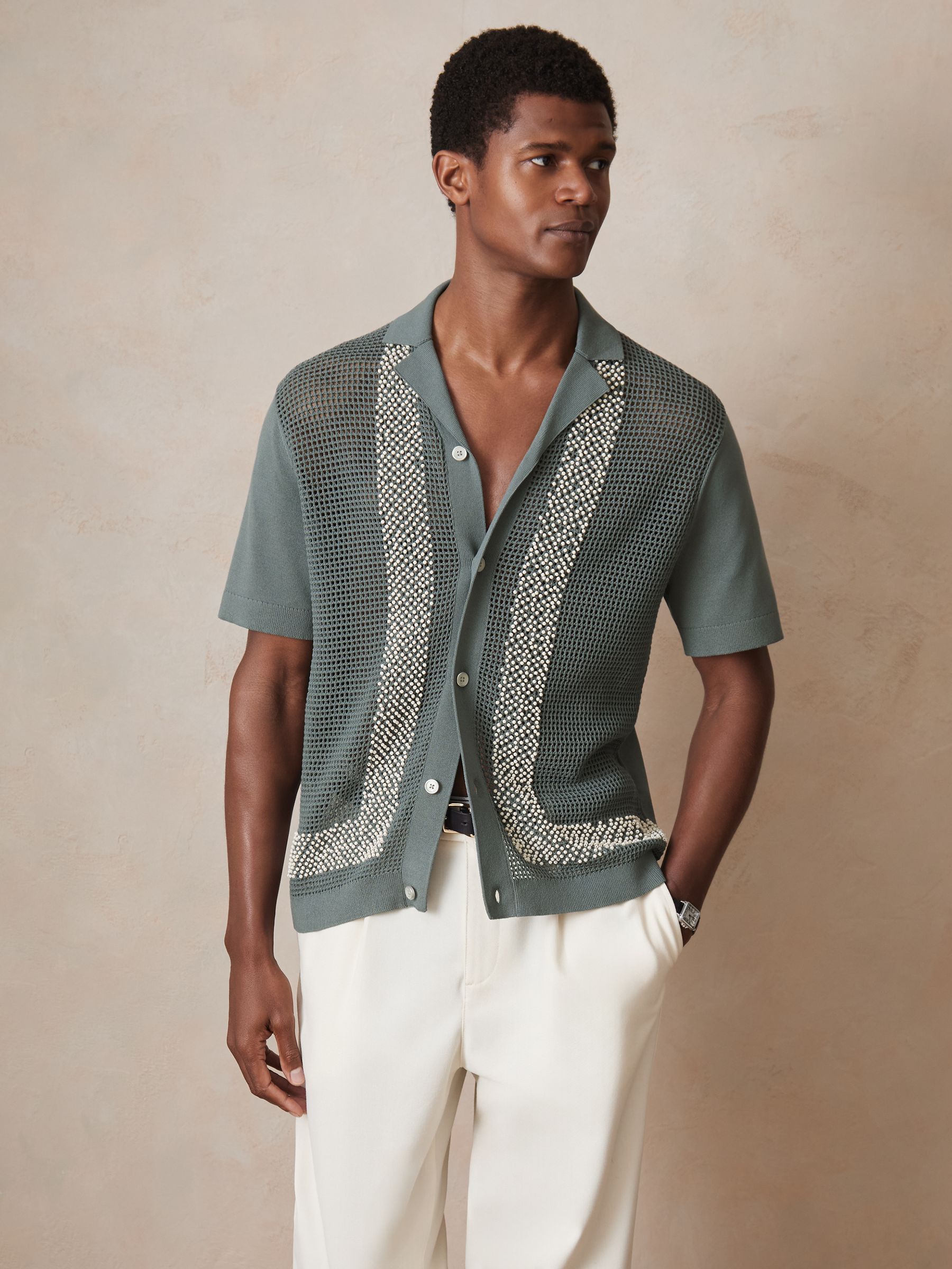 Reiss | Ché Beaded Crochet Shirt in Sage - Image 4 of 7