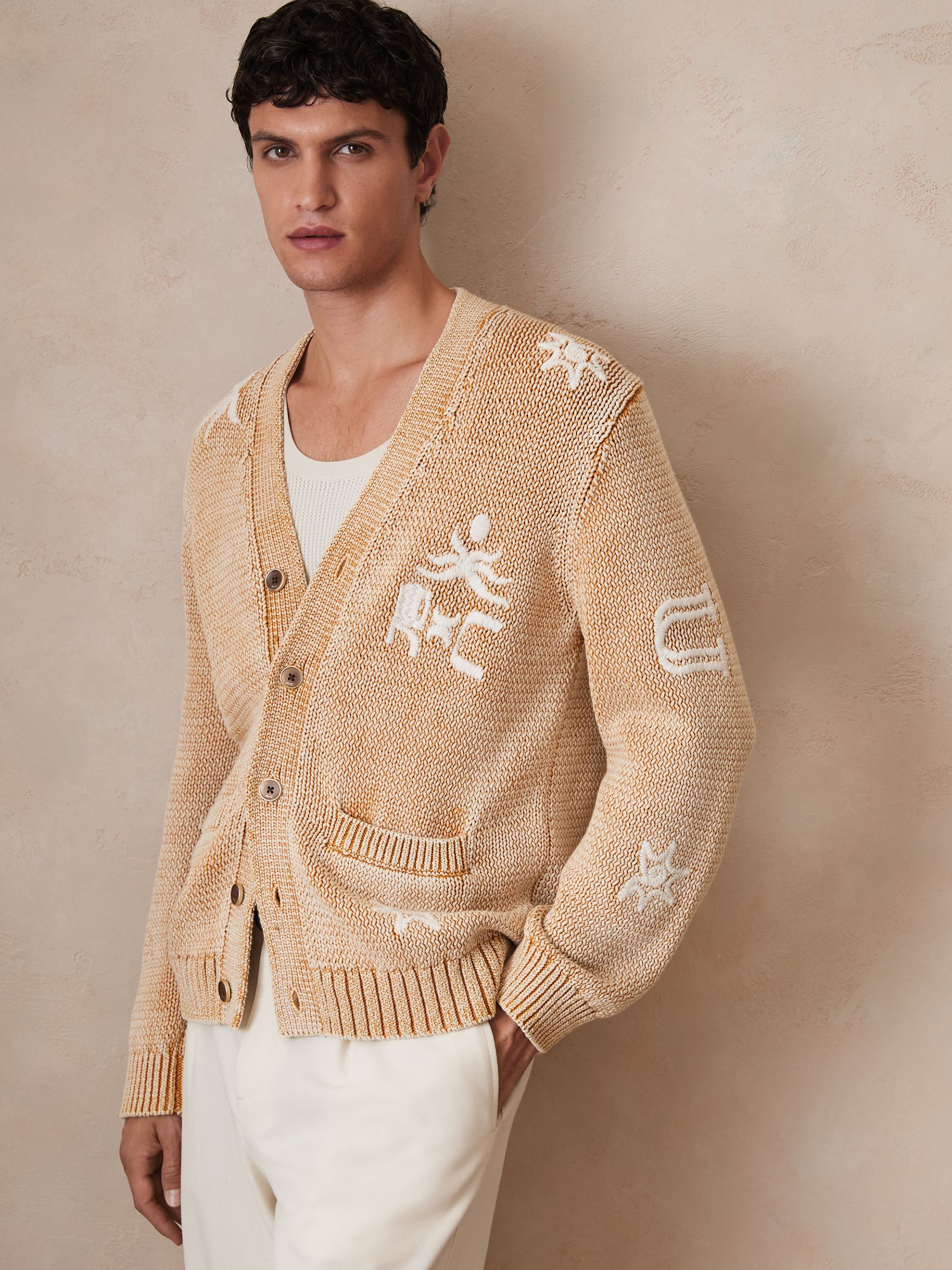 Reiss | Ché Motif-Embroidered Cardigan in Camel - Image 4 of 7