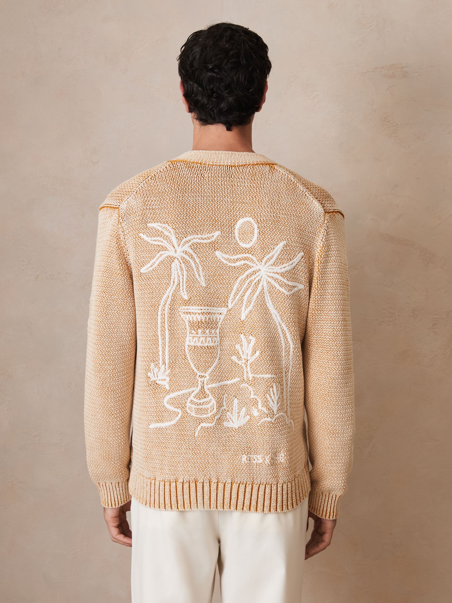 Reiss | Ché Motif-Embroidered Cardigan in Camel - Image 6 of 7