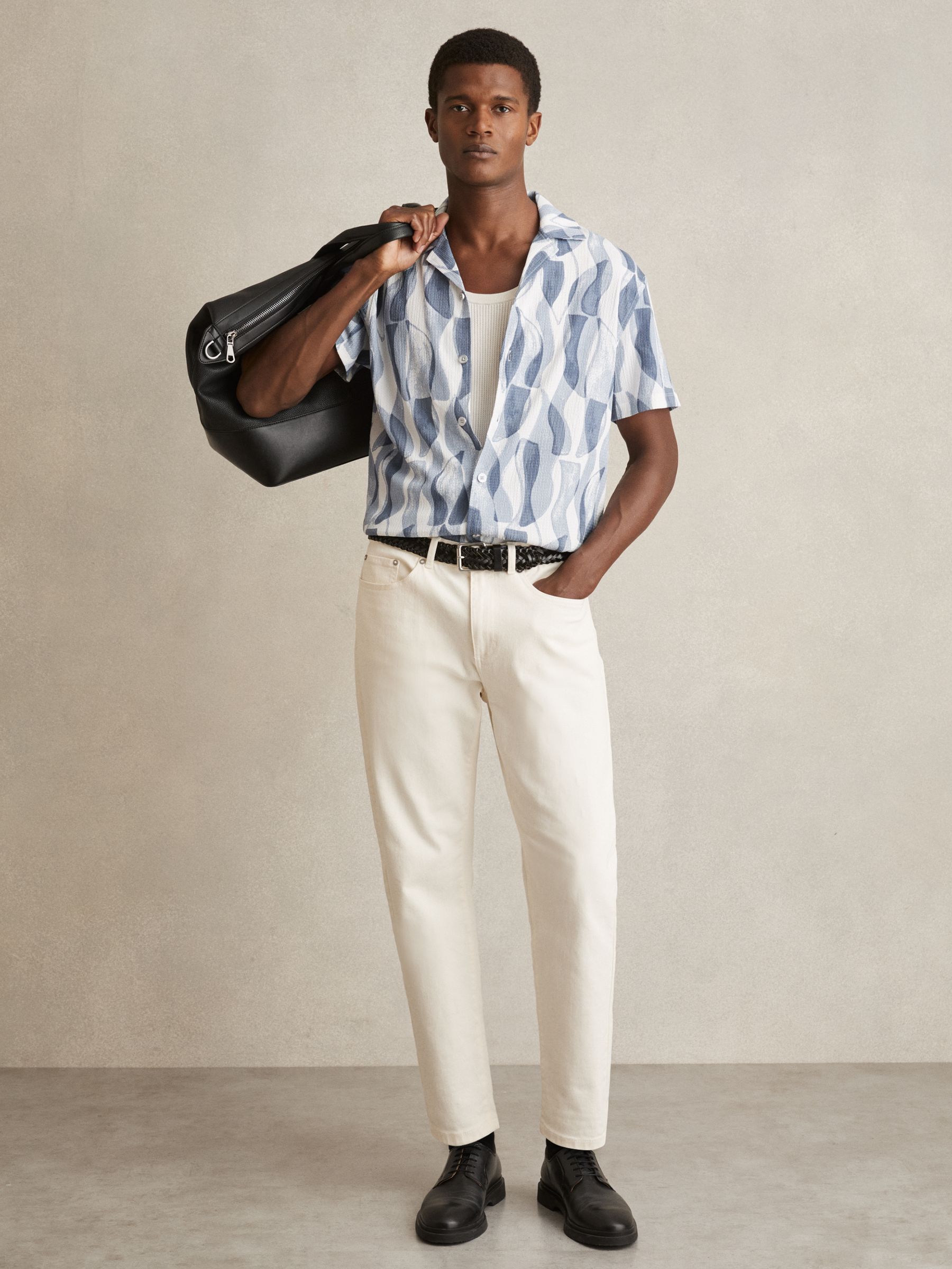 Printed Textured Cuban-Collar Shirt in Soft Blue - Image 3 of 6