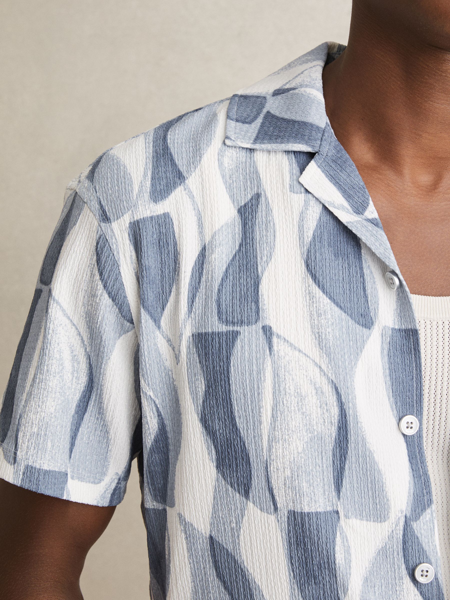 Printed Textured Cuban-Collar Shirt in Soft Blue - Image 4 of 6