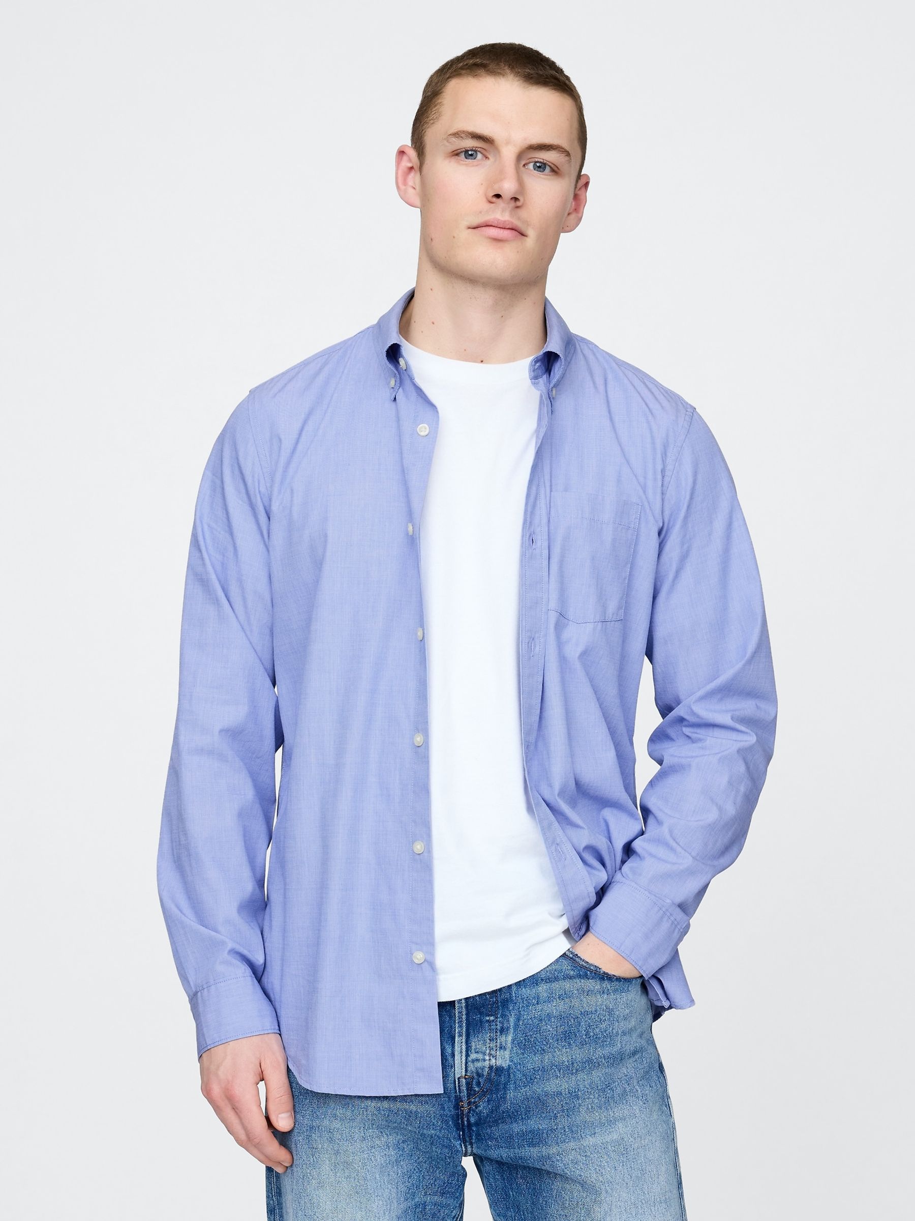 Blue Organic Cotton Long Sleeve Poplin Classic Shirt - Image 1 of 5
