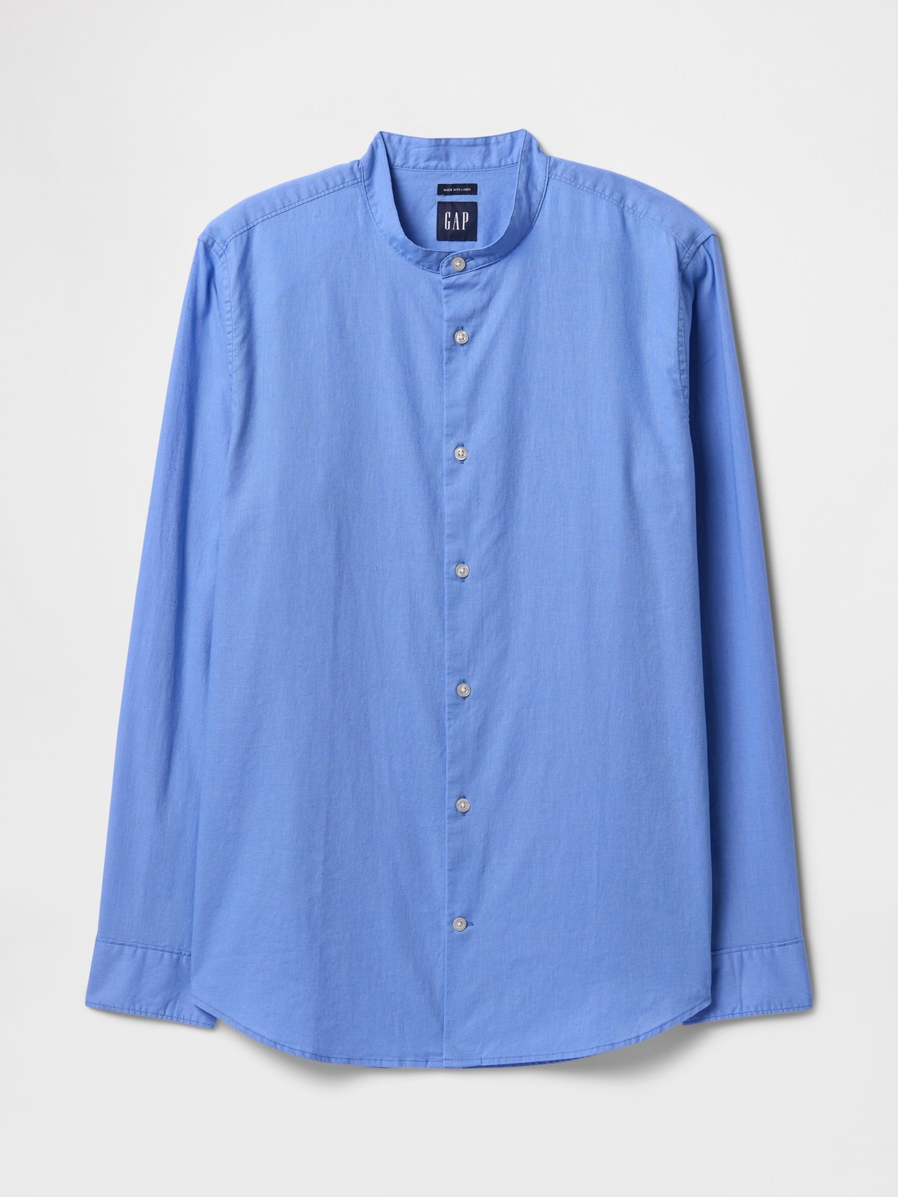 Blue Linen-Cotton Straight Fit Band Collar Shirt | Gap