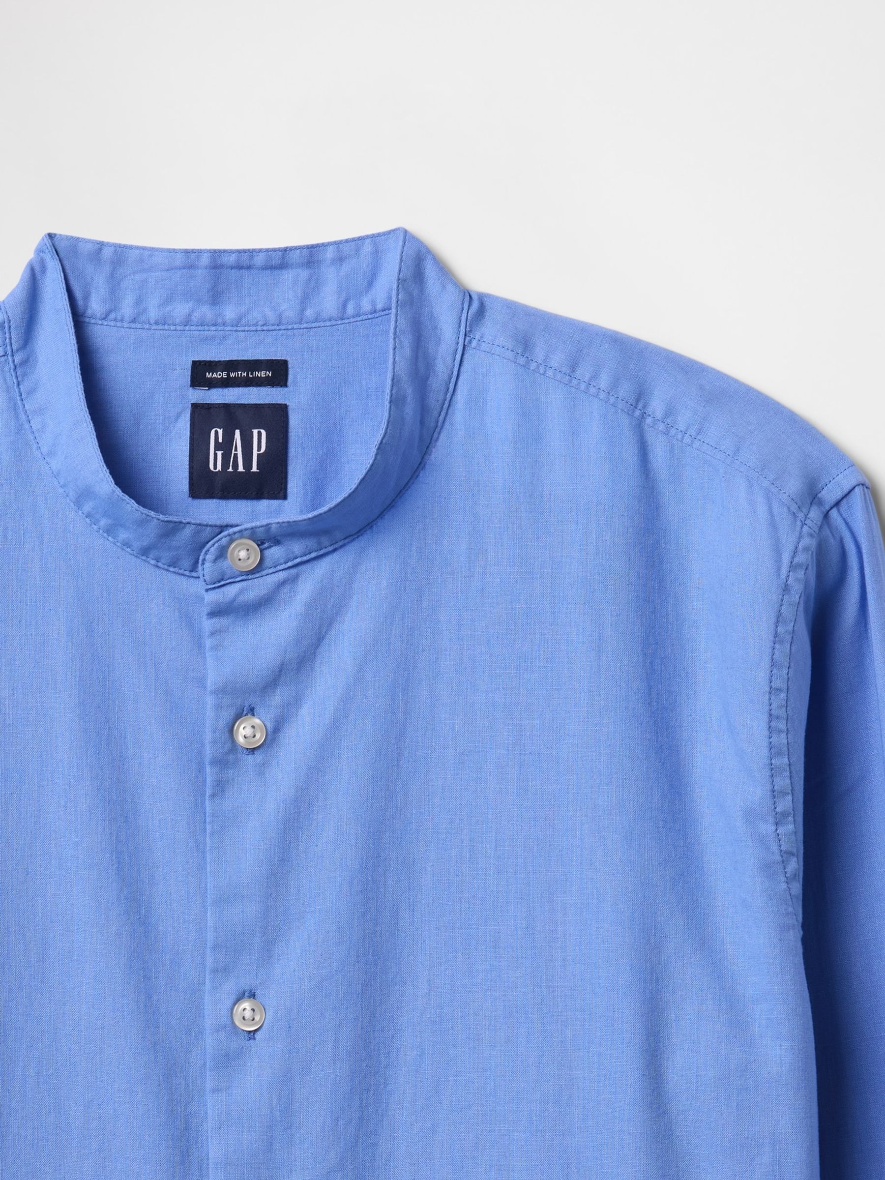 Blue Linen-Cotton Straight Fit Band Collar Shirt | Gap