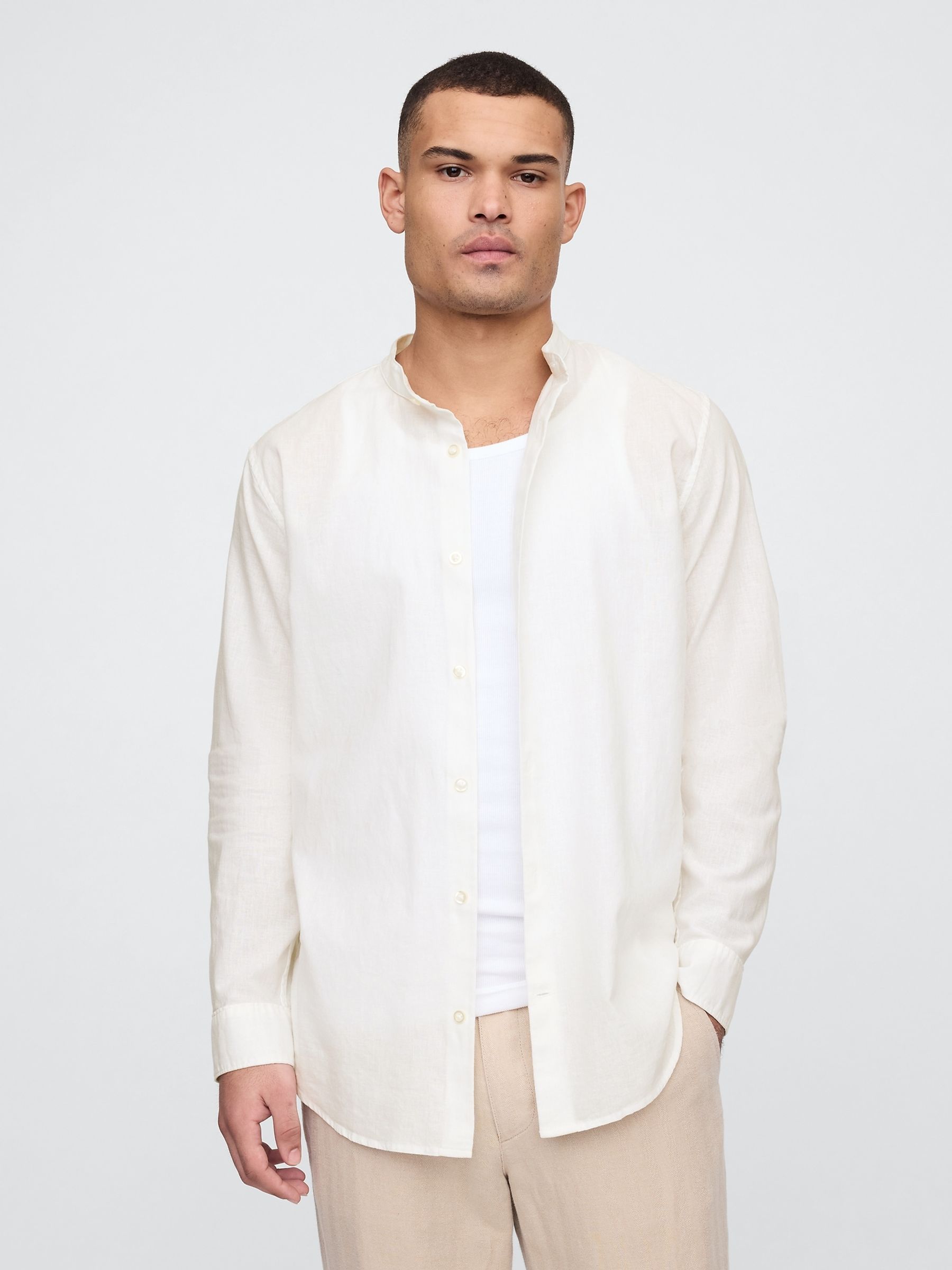 White Linen-Cotton Band Collar Shirt - Image 1 of 5