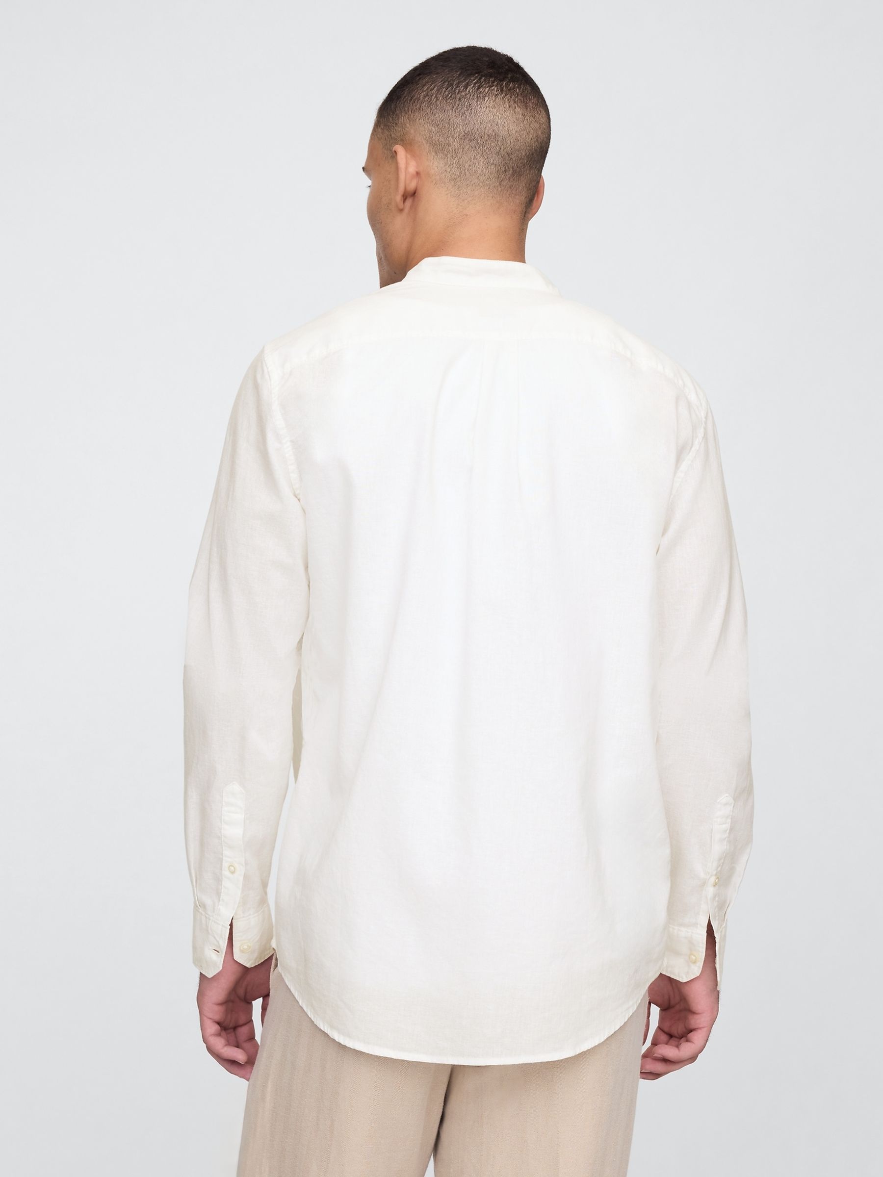 White Linen-Cotton Band Collar Shirt - Image 2 of 5