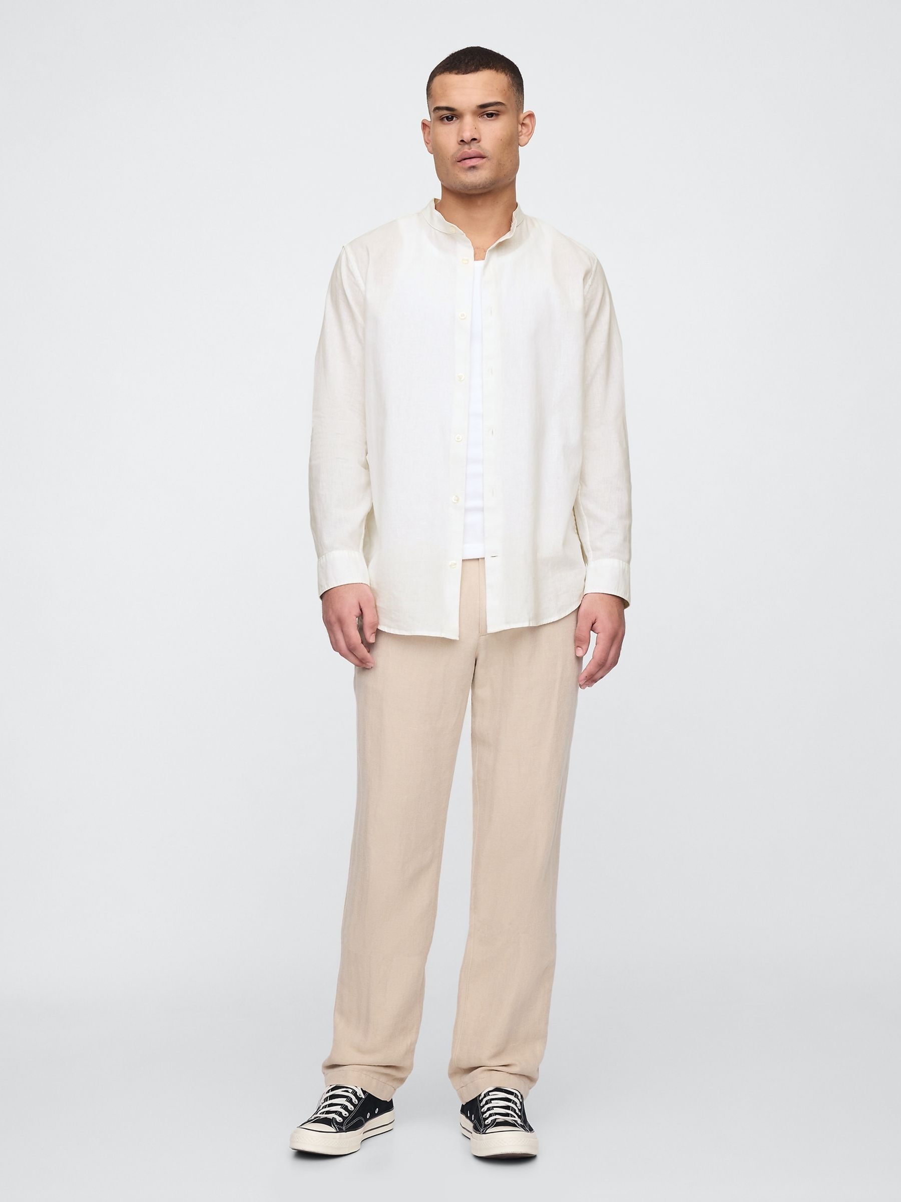White Linen-Cotton Band Collar Shirt - Image 3 of 5
