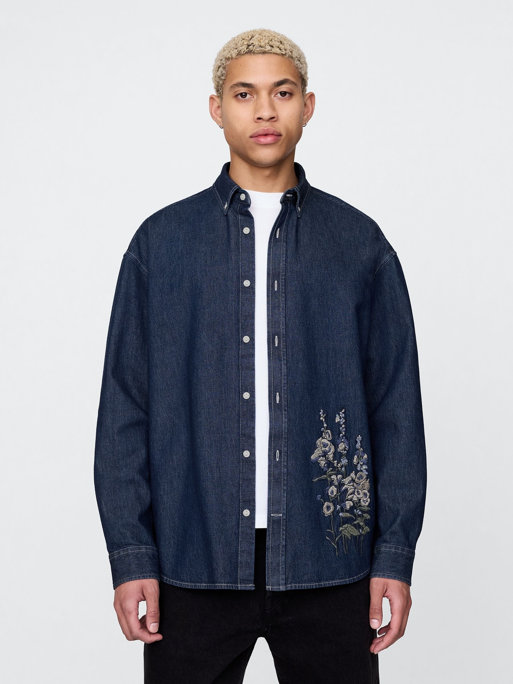 Dark Indigo Blue Embroidered Denim Oversized Shirt - Image 1 of 10