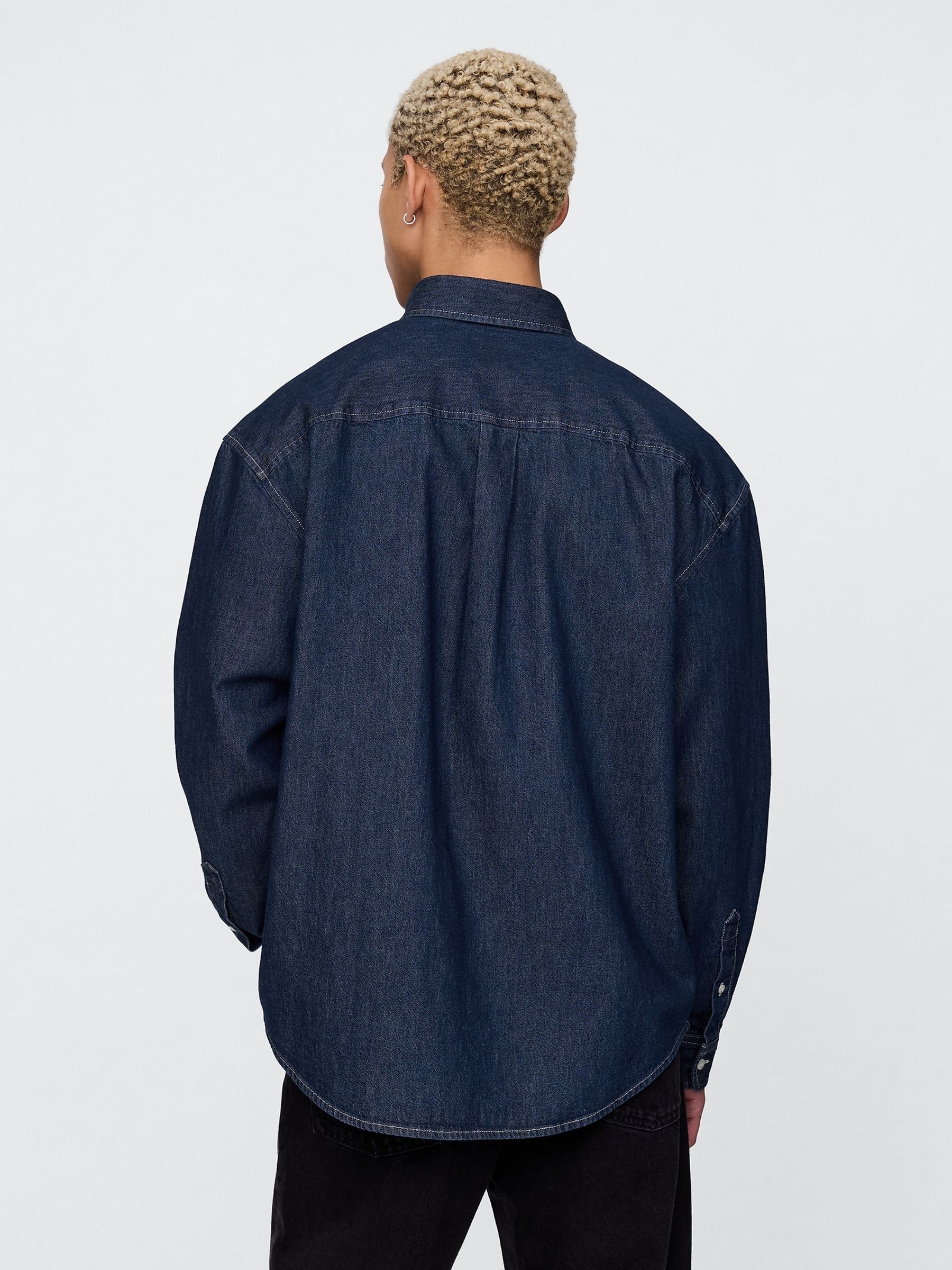 Dark Indigo Blue Embroidered Denim Oversized Shirt - Image 2 of 10