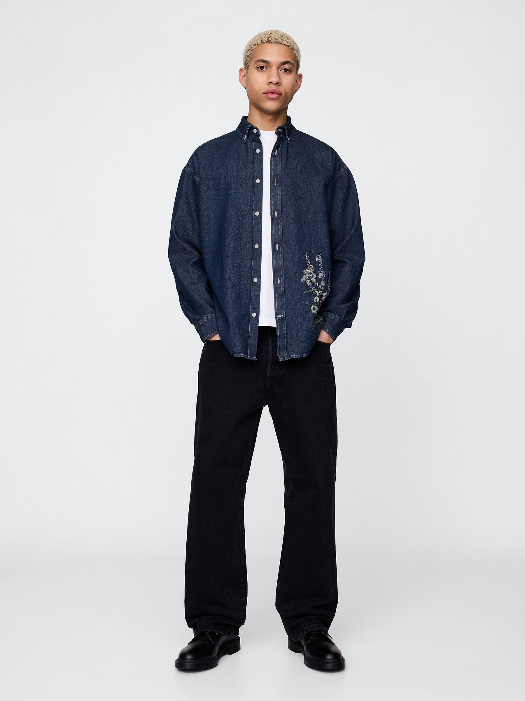 Dark Indigo Blue Embroidered Denim Oversized Shirt - Image 3 of 10
