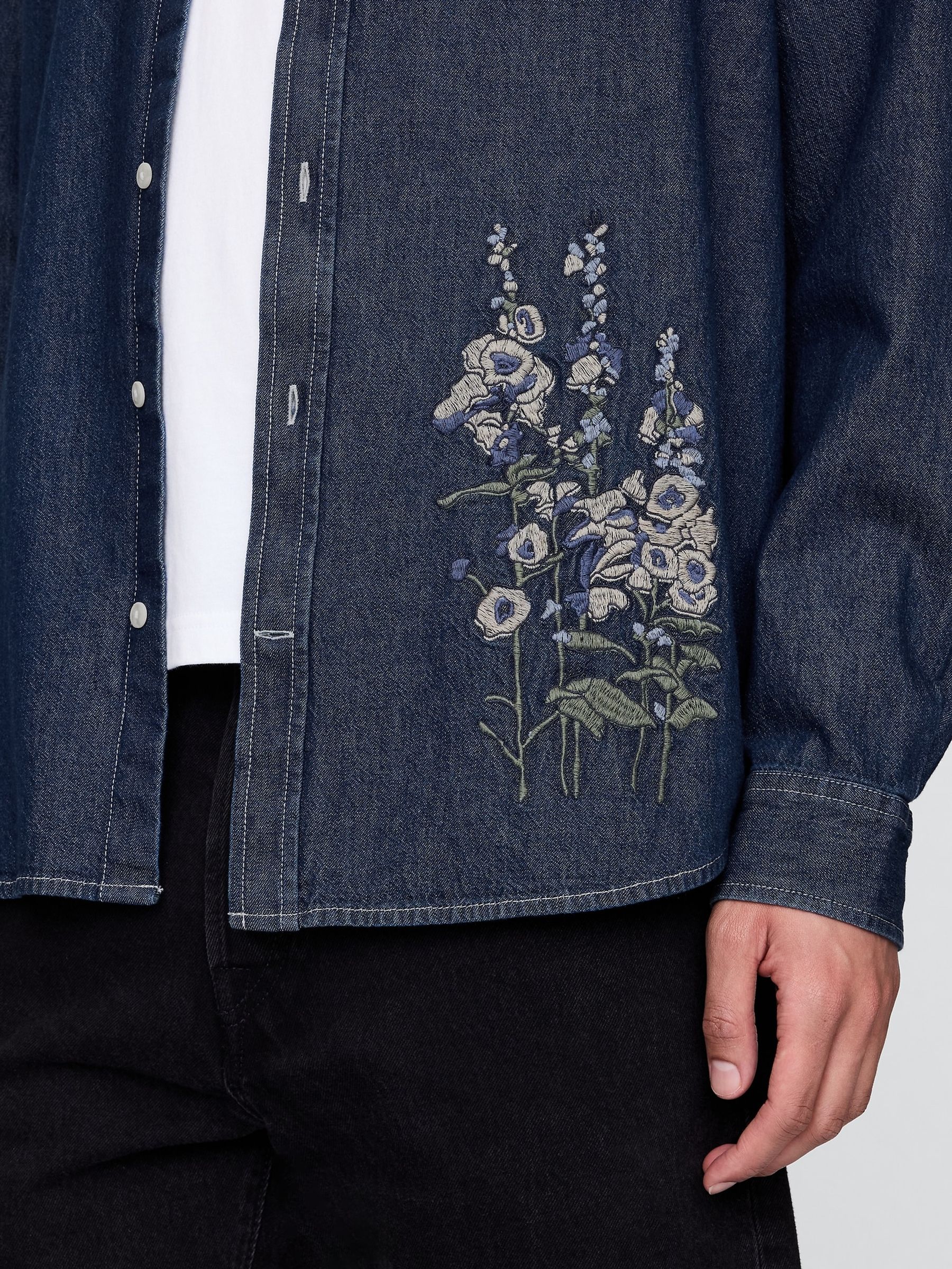 Dark Indigo Blue Embroidered Denim Oversized Shirt - Image 4 of 10