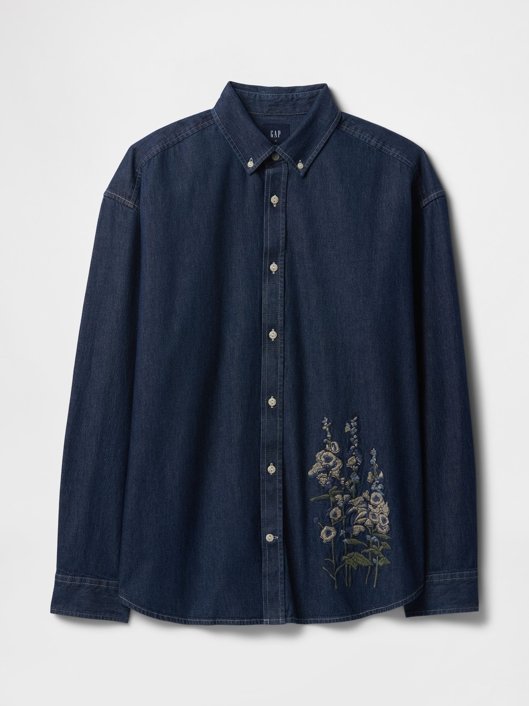 Dark Indigo Blue Embroidered Denim Oversized Shirt - Image 5 of 10