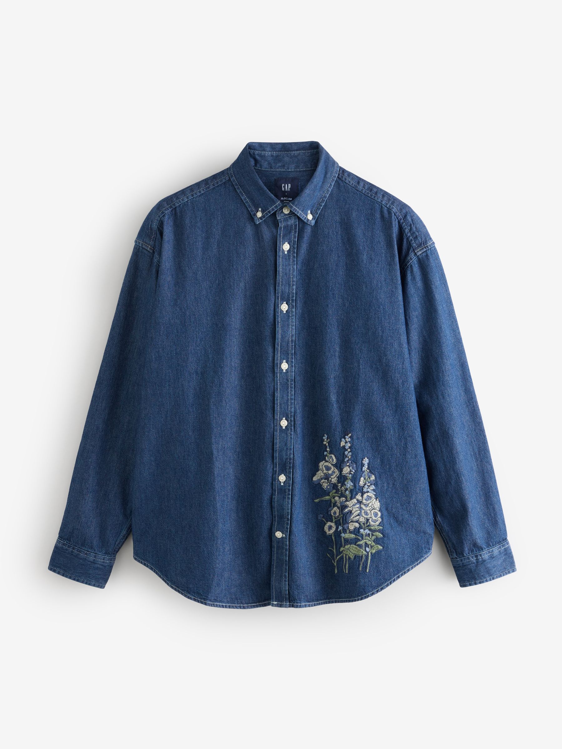 Dark Indigo Blue Embroidered Denim Oversized Shirt - Image 6 of 10