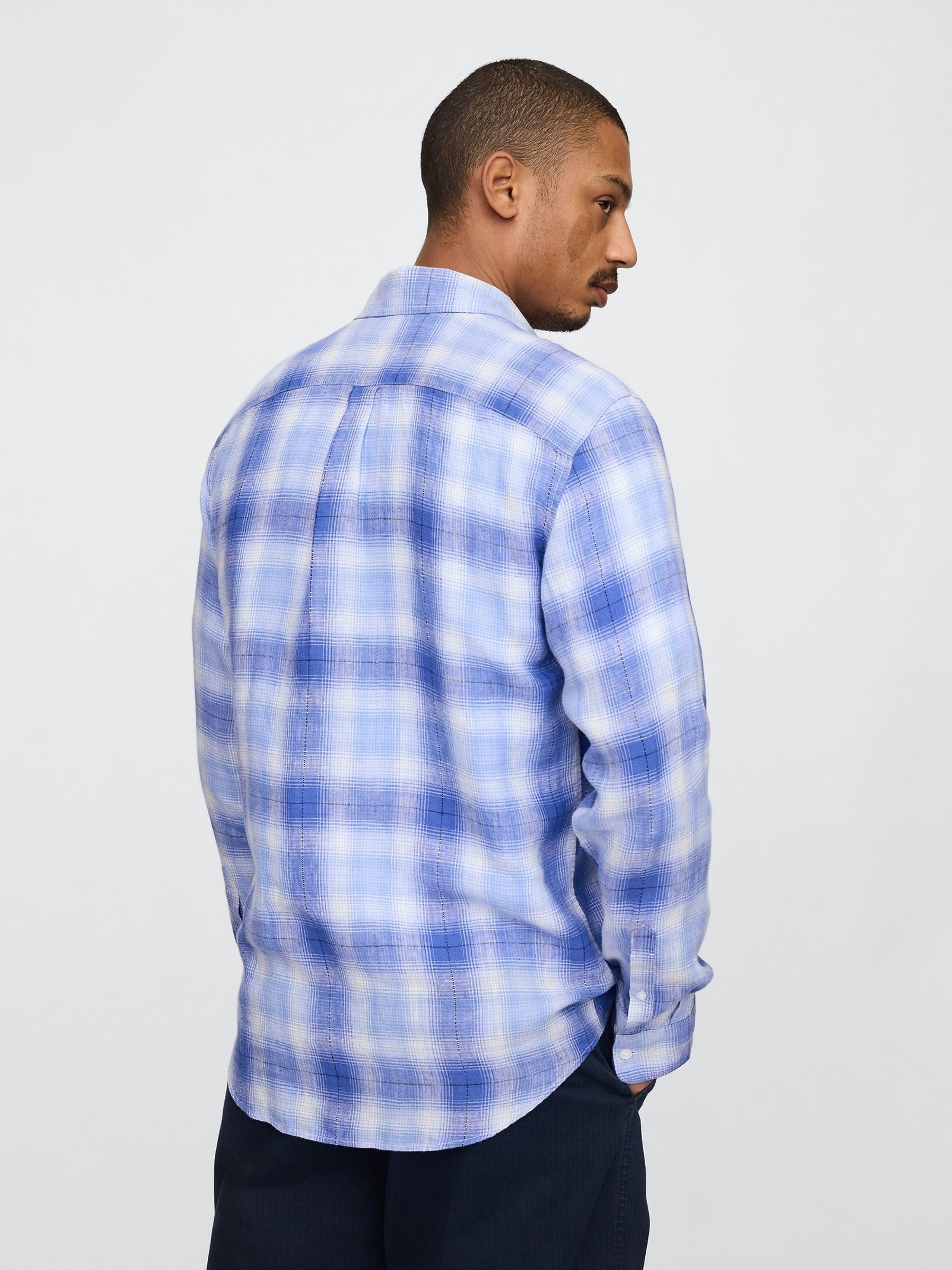 Blue Check 100% Linen Classic Shirt - Image 2 of 5 Blue Check 100% Linen Classic Shirt - Image 2 of 5