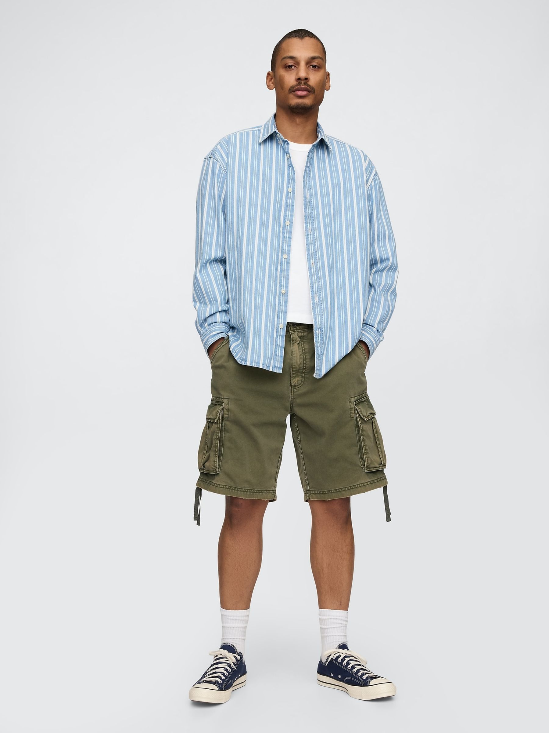 Olive Green Twill Cargo Baggy Shorts - Image 4 of 5