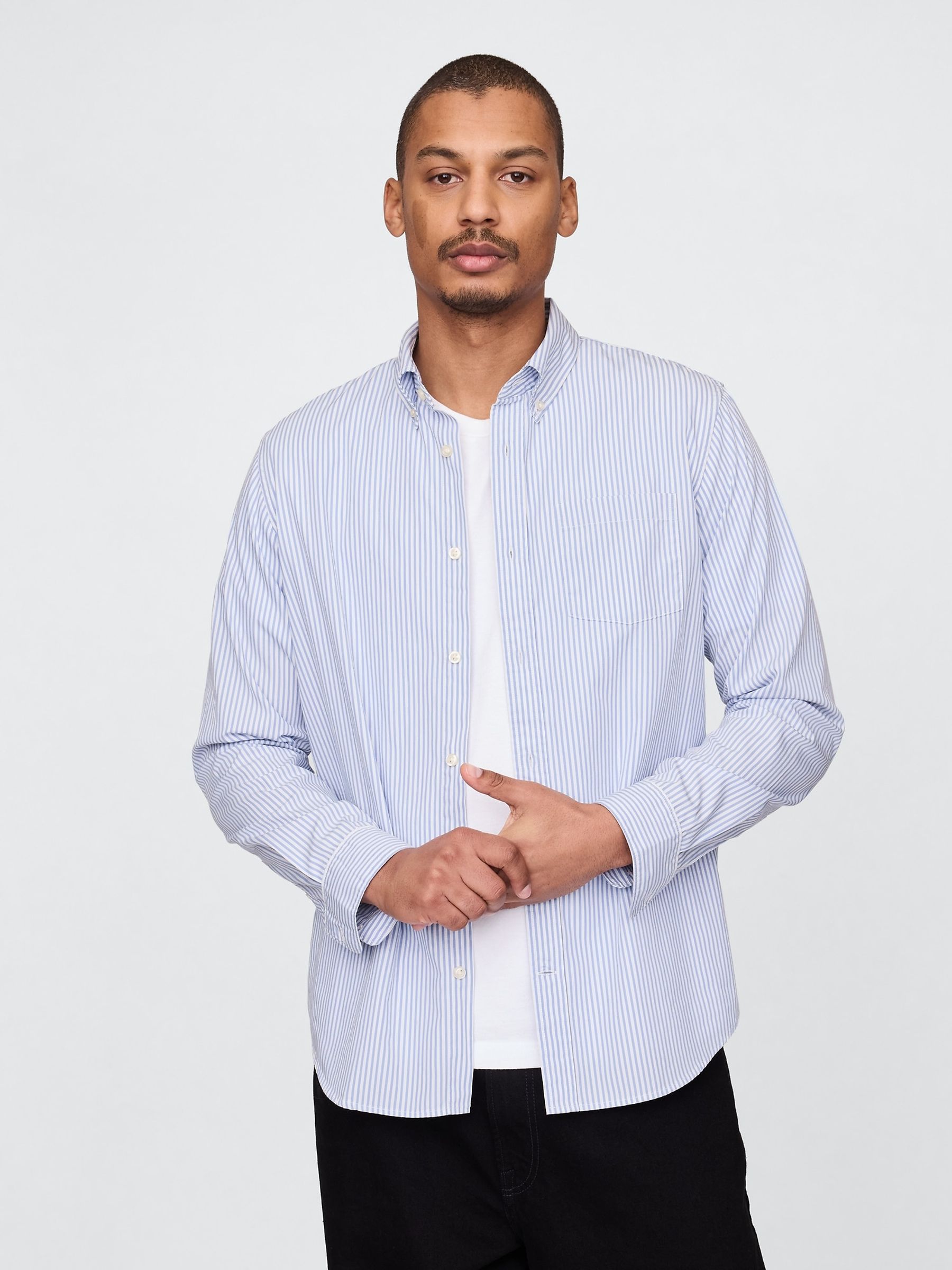 Blue Stripe Organic Cotton Long Sleeve Poplin Classic Shirt - Image 1 of 5