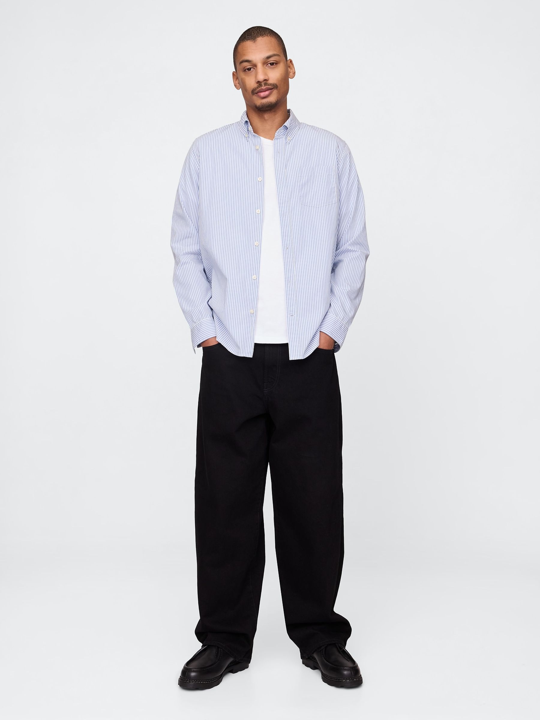 Blue Stripe Organic Cotton Long Sleeve Poplin Classic Shirt - Image 3 of 5