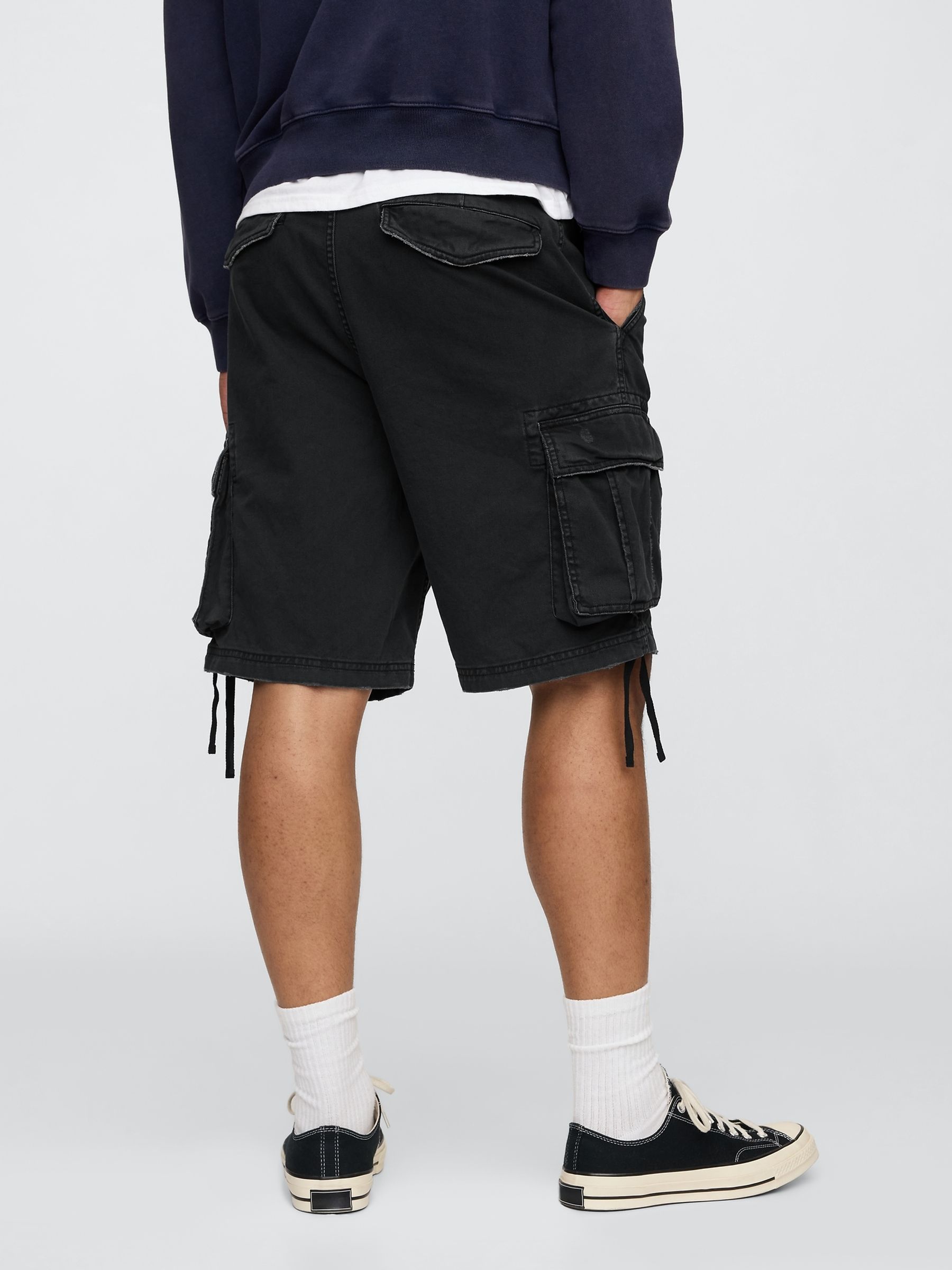 Black Twill Cargo Baggy Shorts - Image 2 of 4