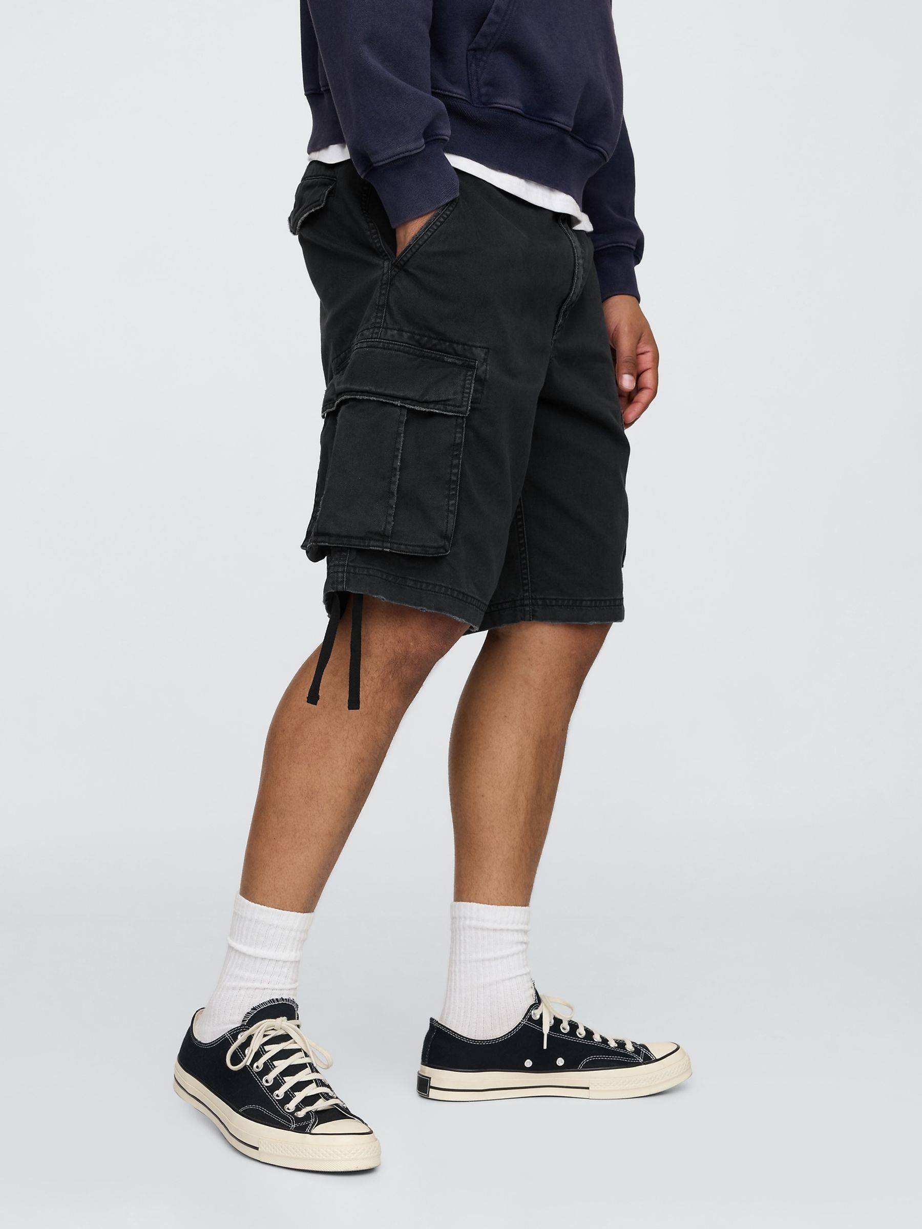 Black Twill Cargo Baggy Shorts - Image 3 of 4