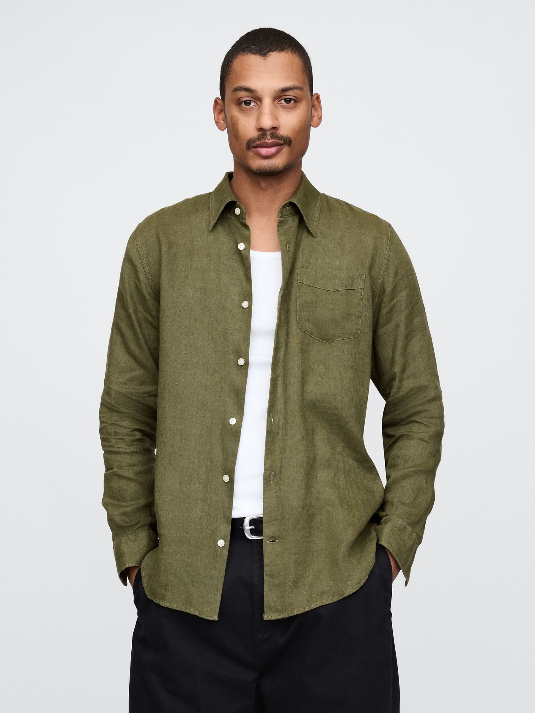 Khaki Green 100% Linen Long Sleeve Classic Shirt - Image 1 of 5
