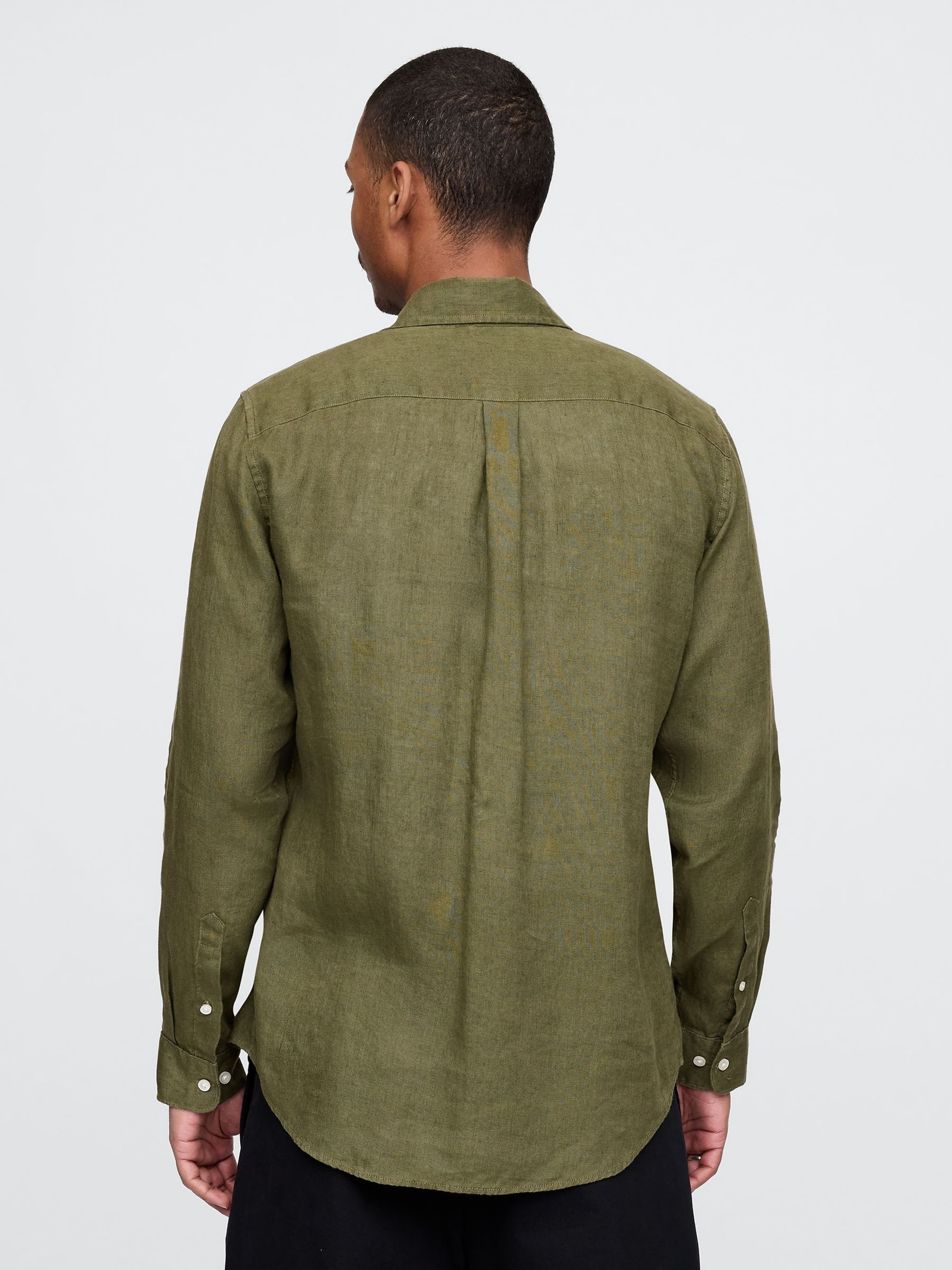 Khaki Green 100% Linen Long Sleeve Classic Shirt - Image 2 of 5