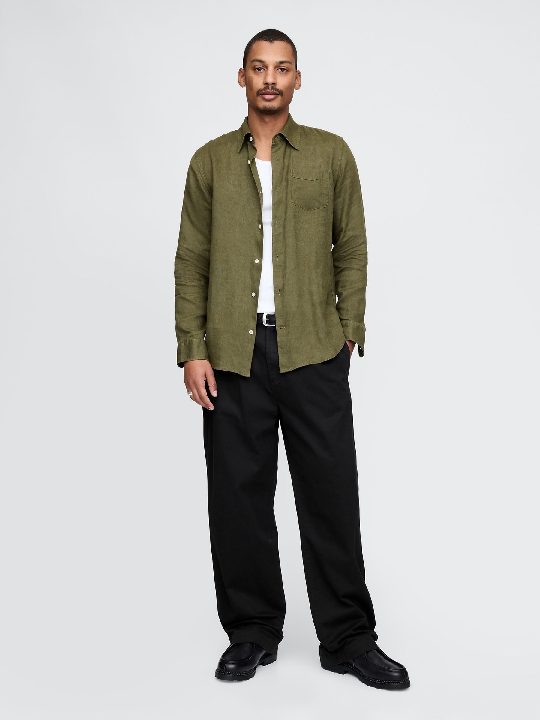Khaki Green 100% Linen Long Sleeve Classic Shirt - Image 3 of 5