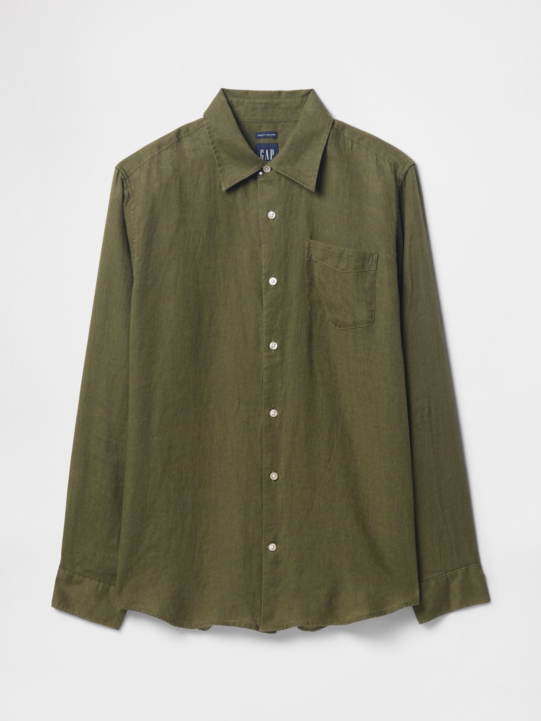 Khaki Green 100% Linen Long Sleeve Classic Shirt - Image 4 of 5