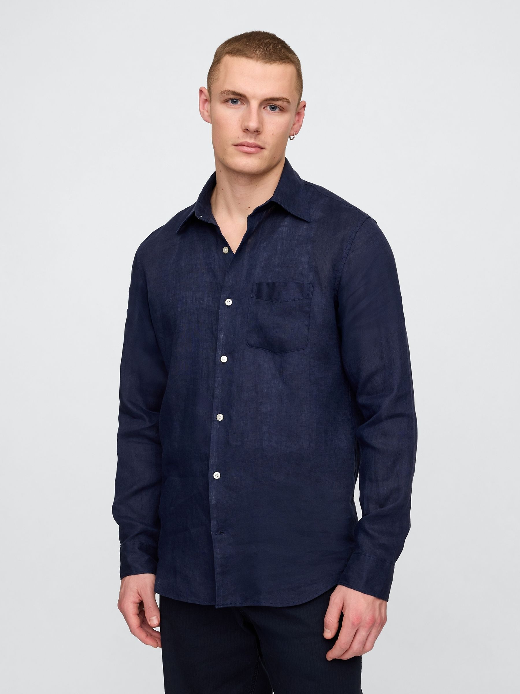 Dark Blue 100% Linen Long Sleeve Classic Shirt - Image 1 of 3