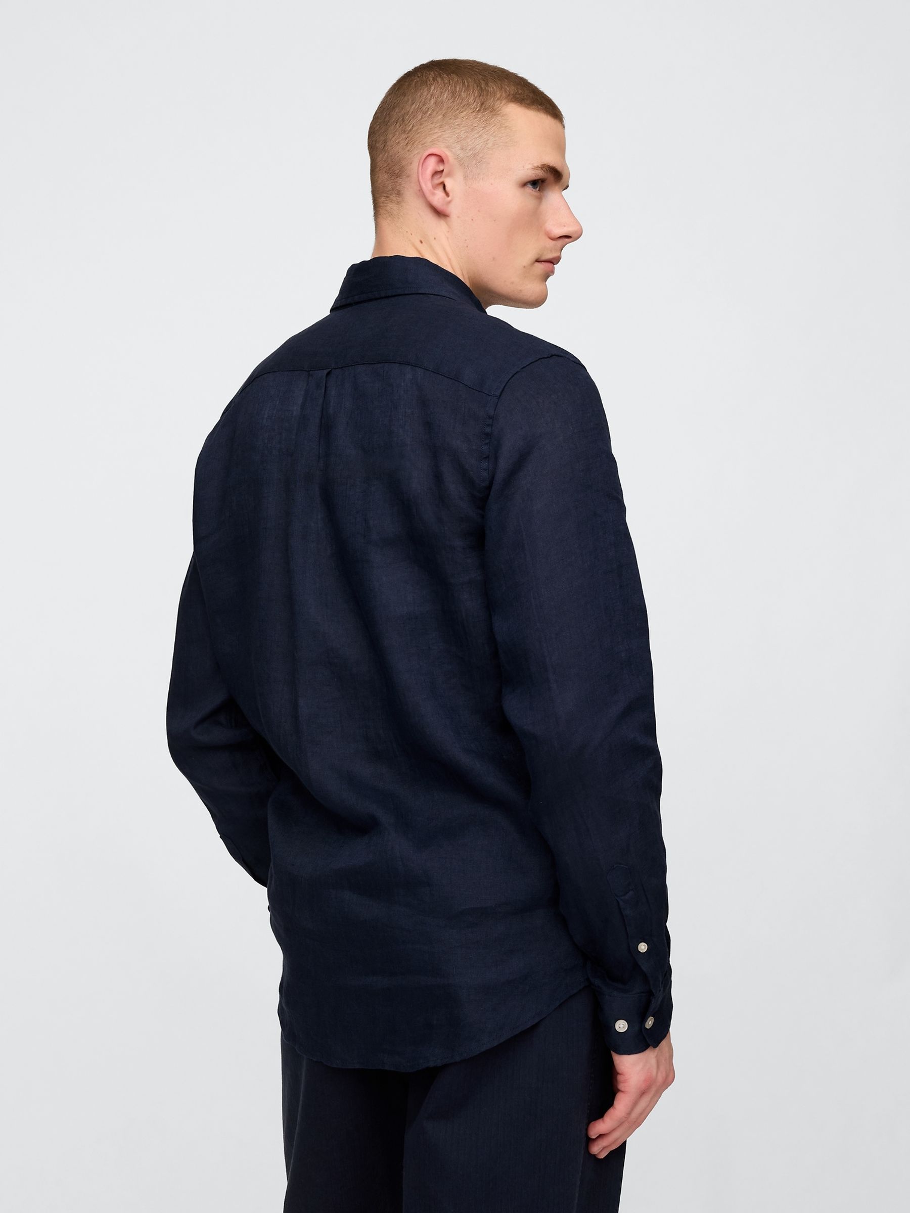 Dark Blue 100% Linen Long Sleeve Classic Shirt - Image 2 of 3