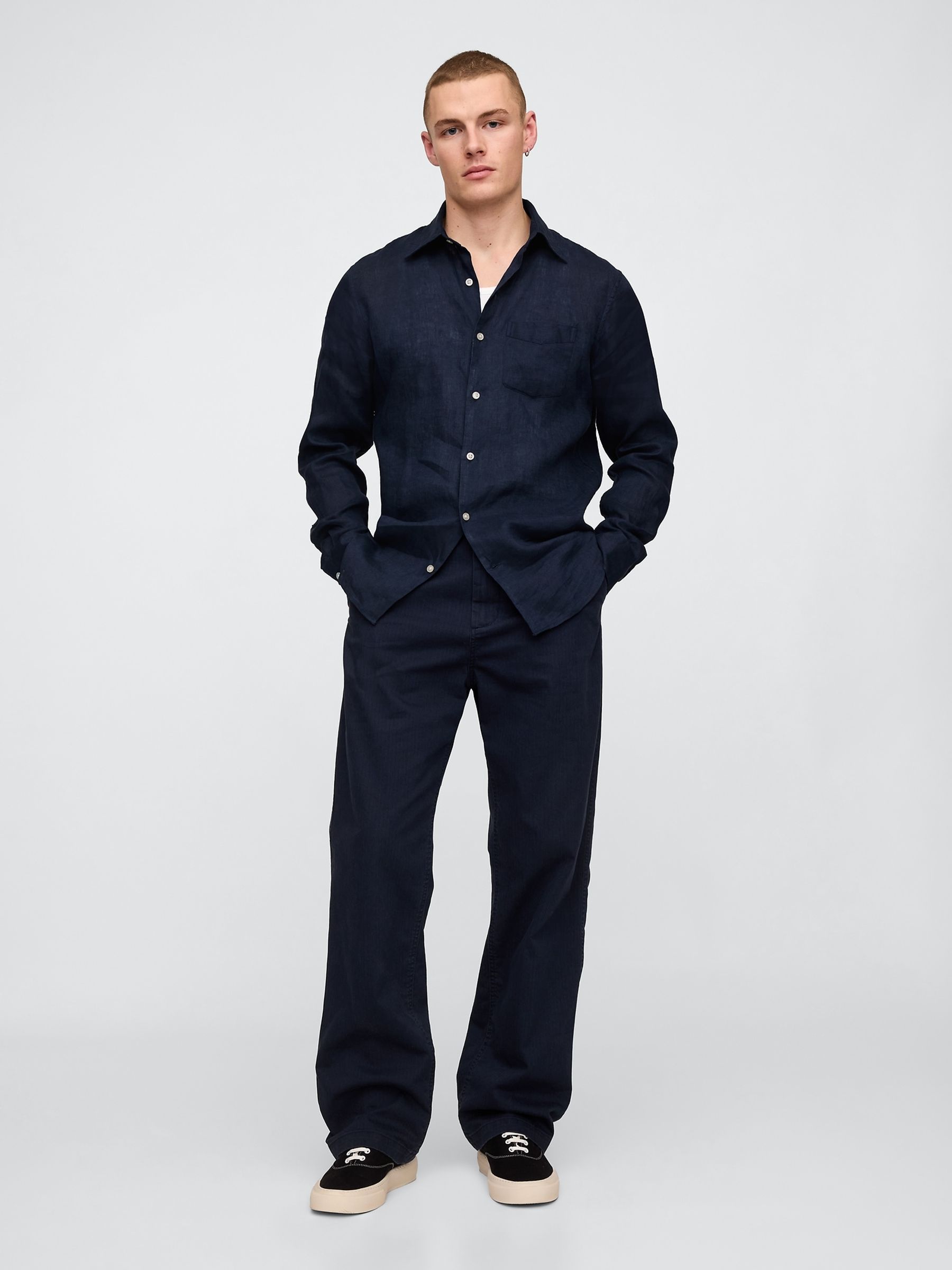 Dark Blue 100% Linen Long Sleeve Classic Shirt - Image 3 of 3